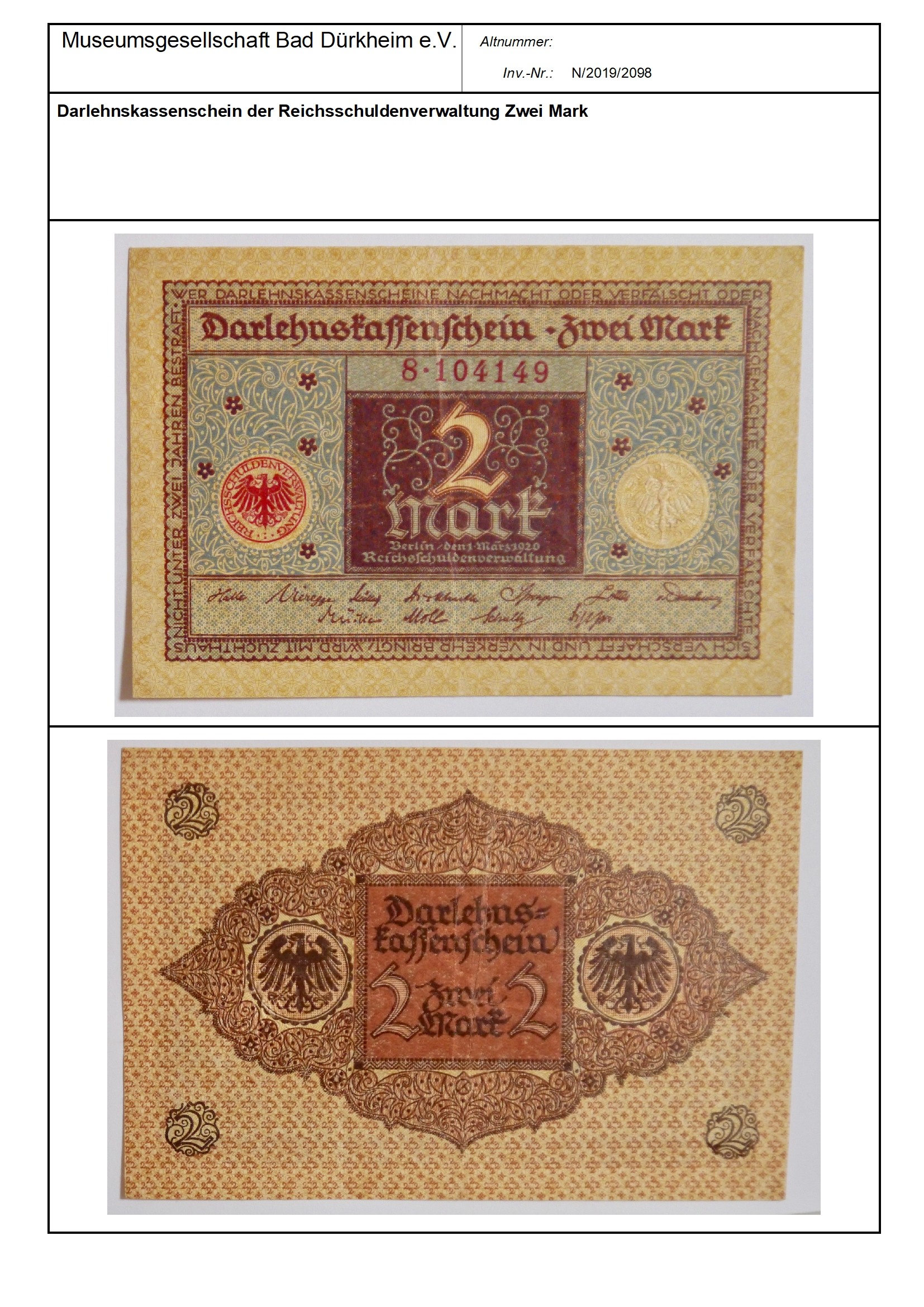 Darlehnskassenschein der Reichsschuldenverwaltung Zwei Mark
Serien-Nummer: 8*104149 (Museumsgesellschaft Bad Dürkheim e.V. CC BY-NC-SA)