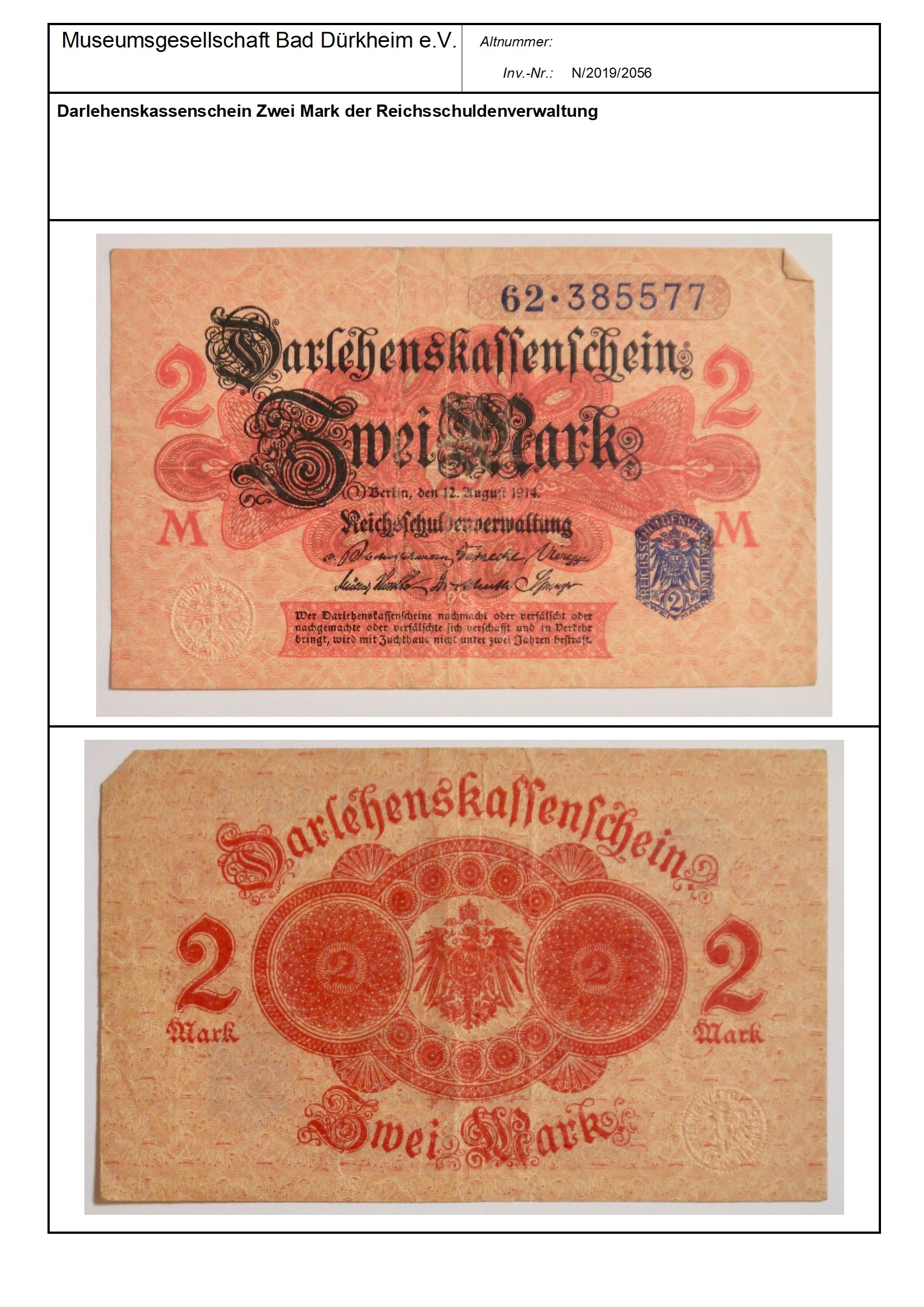 Darlehnskassenschein Zwei Mark der Reichsschuldenverwaltung
Serien-Nummer: 62*385577 (Museumsgesellschaft Bad Dürkheim e.V. CC BY-NC-SA)