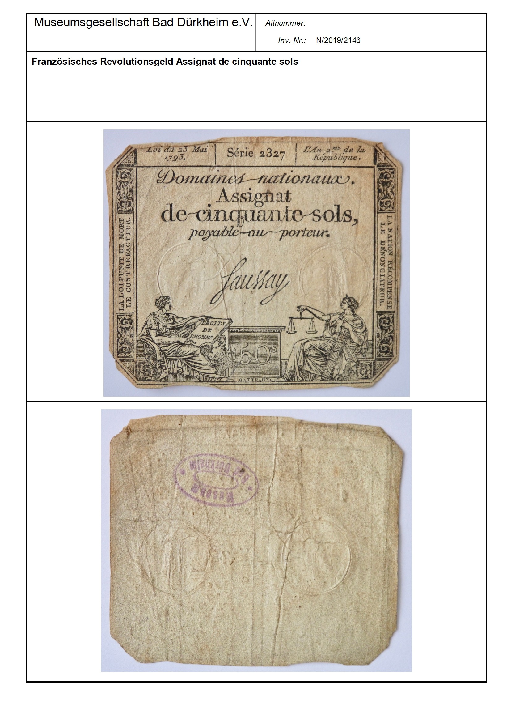 Französisches Revolutionsgeld Assignat de cinquante sols
Serien-Nummer: Série 2327 (Museumsgesellschaft Bad Dürkheim e.V. CC BY-NC-SA)