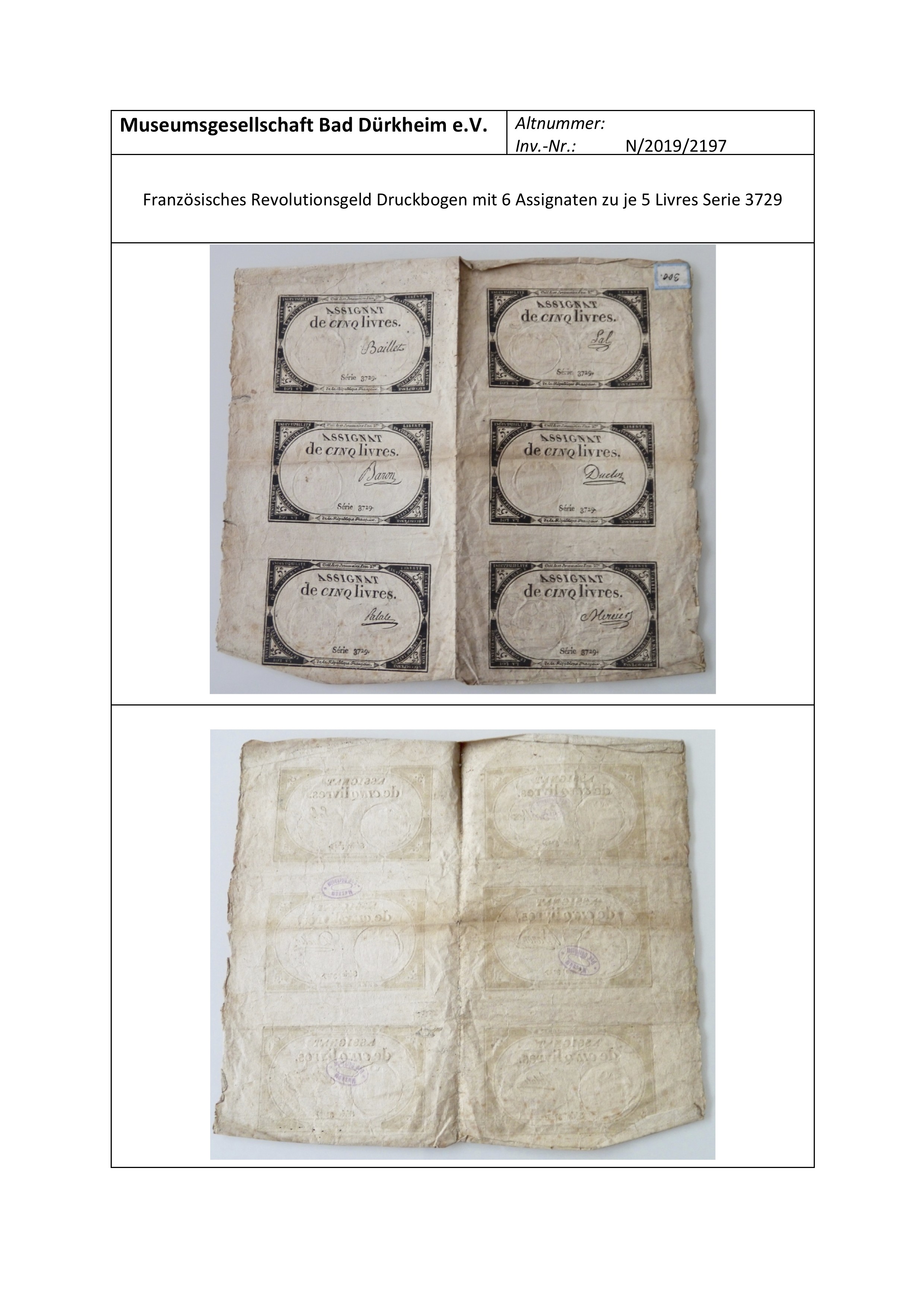Notenportait Französisches Revolutionsgeld Druckbogen mit 6 Assignaten zu je 5 Livres  Serie 3729 (Museumsgesellschaft Bad Dürkheim e.V. CC BY-NC-SA)