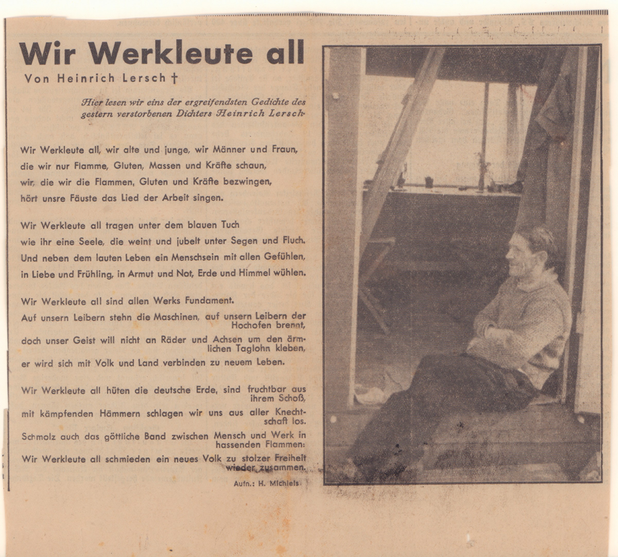 Gedicht von Heinrich Lersch "Wir Werkleute all" (Heimatmuseum und -Archiv Bad Bodendorf CC BY-NC-SA)
