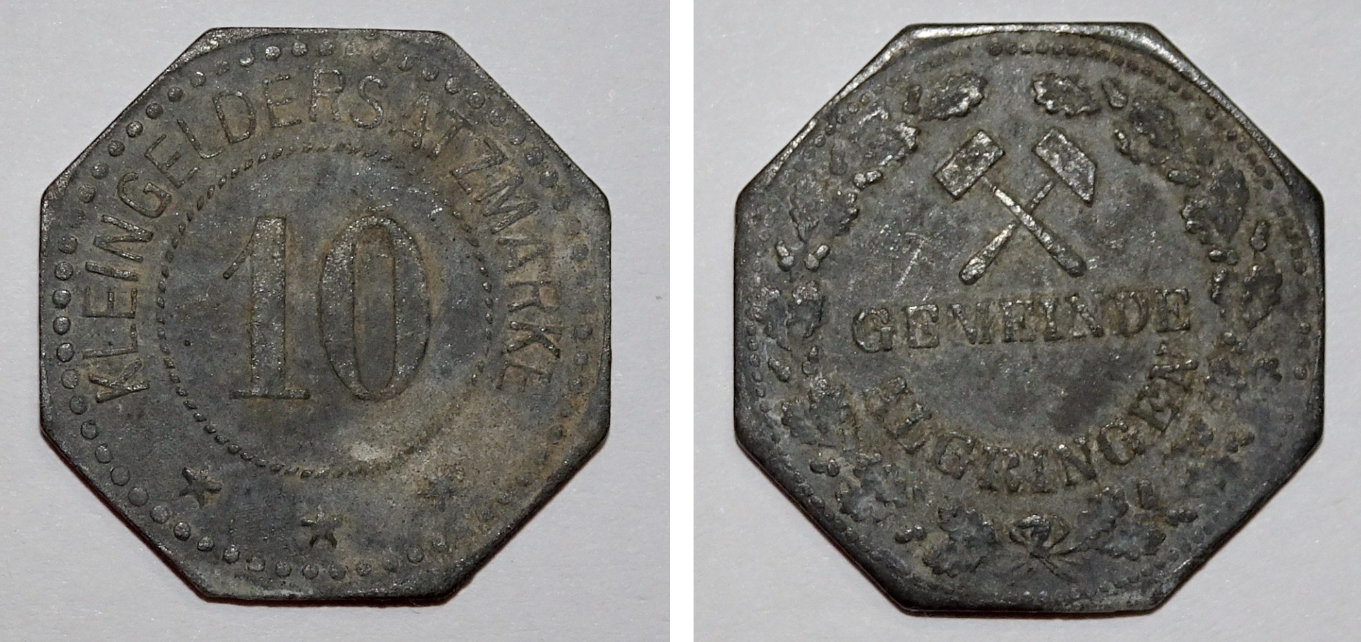 Kleingeldersatzmarke 10 Pfennig der Gemeinde Algringen (heute: Algrange) (Museumsgesellschaft Bad Dürkheim e.V. CC BY-NC-SA)