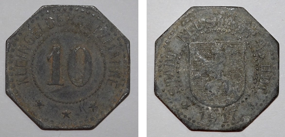 Kleingeldersatzmarke 10 Pfennig der Stadt Neustadt (Museumsgesellschaft Bad Dürkheim e.V. CC BY-NC-SA)