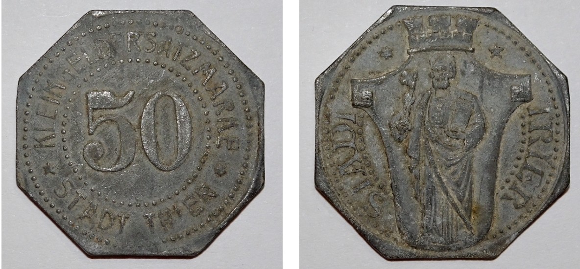 Kleingeldersatzmarke 50 Pfennig der Stadt Trier (Museumsgesellschaft Bad Dürkheim e.V. CC BY-NC-SA)