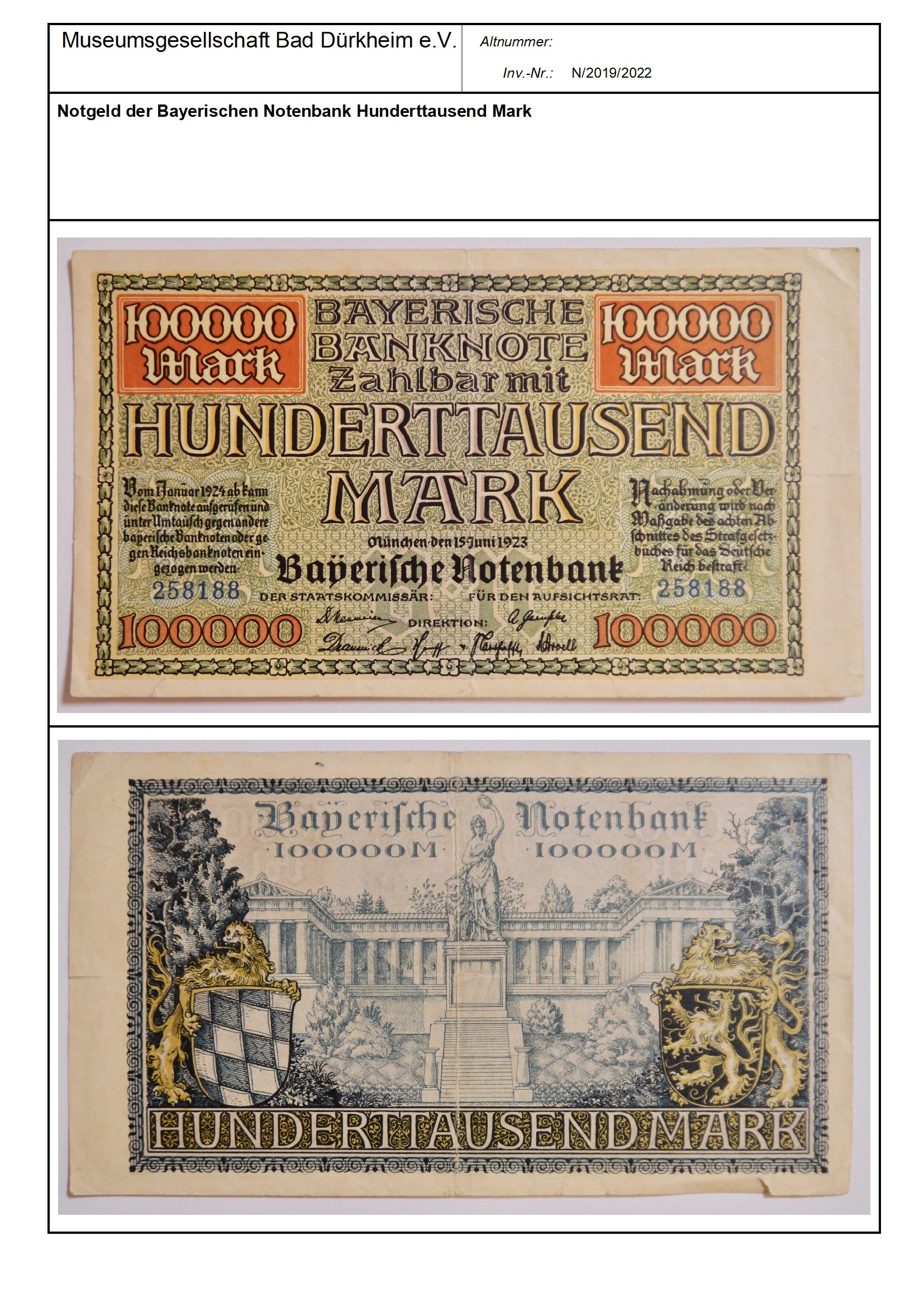 Notgeld der Bayerischen Notenbank Hunderttausend Mark
Serien-Nummer: 258188 (Museumsgesellschaft Bad Dürkheim e.V. CC BY-NC-SA)
