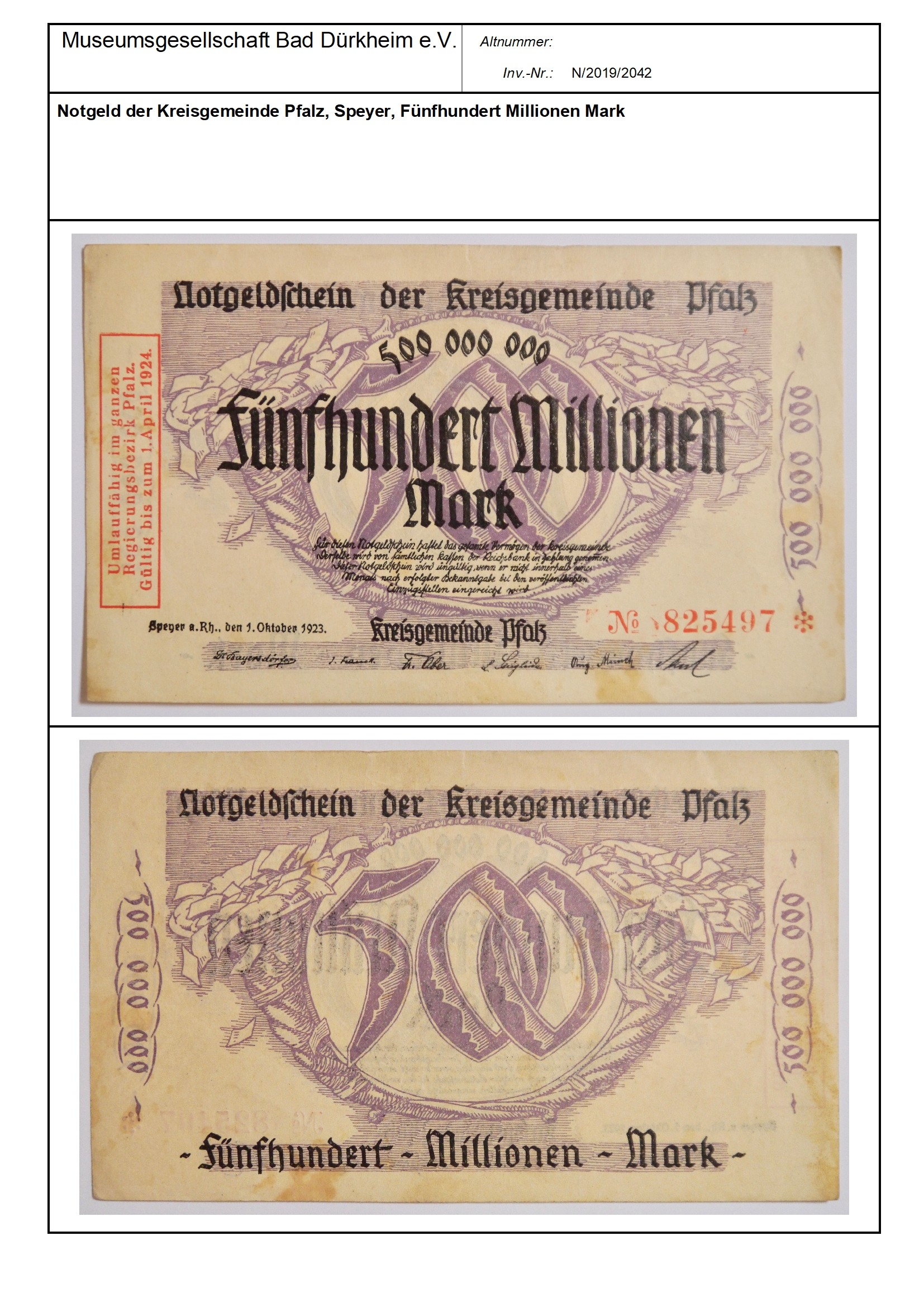 Notgeld der Kreisgemeinde Pfalz, Speyer, Fünfhundert Millionen Mark
Serien-Nummer: NO 825497 (Museumsgesellschaft Bad Dürkheim e.V. CC BY-NC-SA)