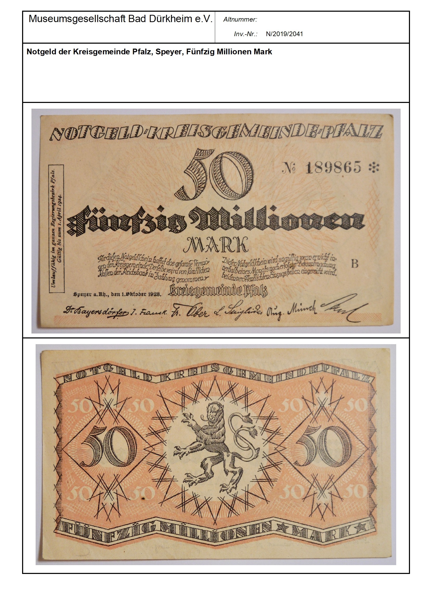 Notgeld der Kreisgemeinde Pfalz, Speyer, Fünfzig Millionen Mark
Serien-Nummer: No 189865 * (Museumsgesellschaft Bad Dürkheim e.V. CC BY-NC-SA)