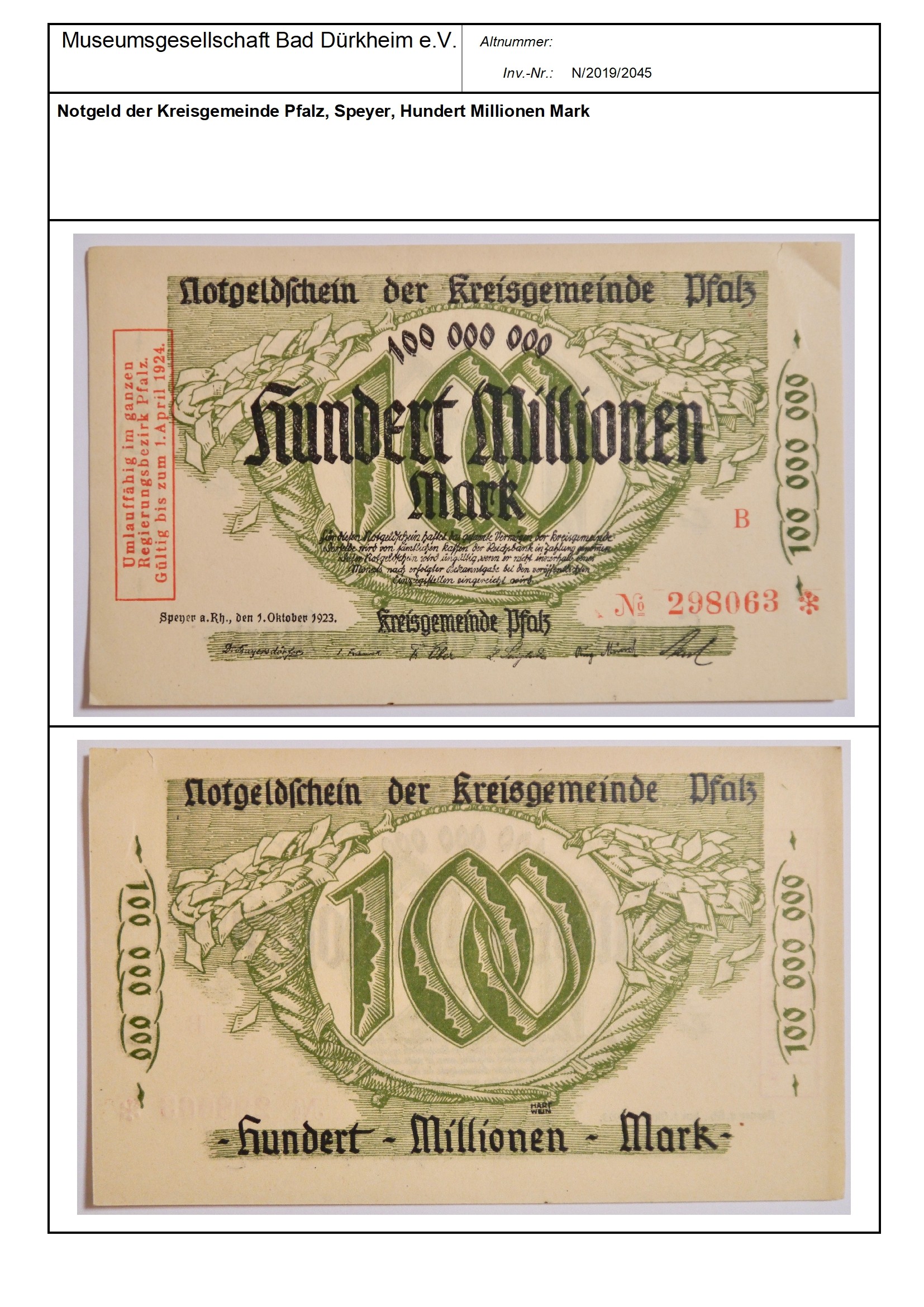 Notgeld der Kreisgemeinde Pfalz, Speyer, Hundert Millionen Mark
Serien-Nummer: NO 298063 (Museumsgesellschaft Bad Dürkheim e.V. CC BY-NC-SA)