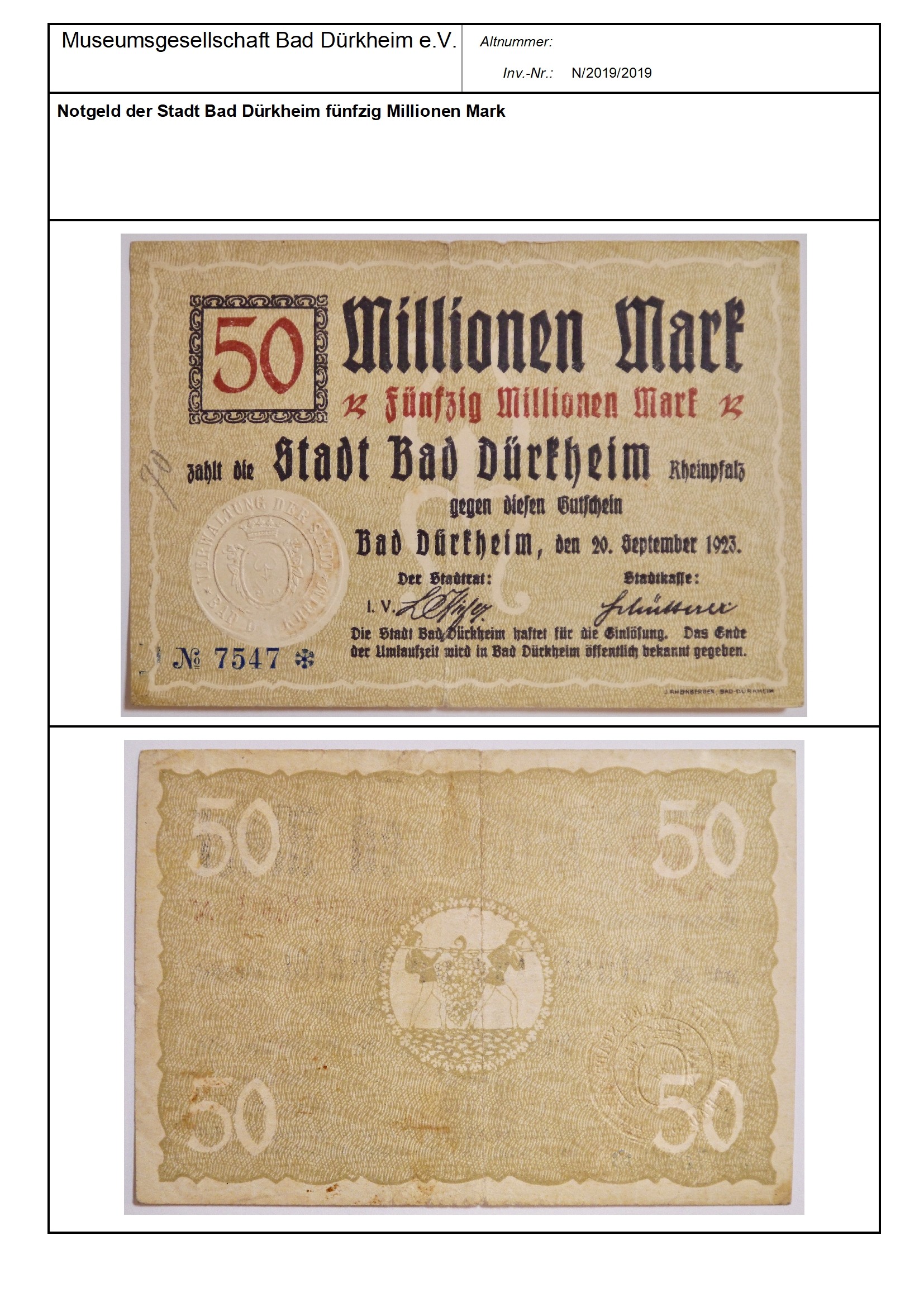 Notgeld der Stadt Bad Dürkheim fünfzig Millionen MarkSerien-Nummer: No 7547 * (Museumsgesellschaft Bad Dürkheim e.V. CC BY-NC-SA)