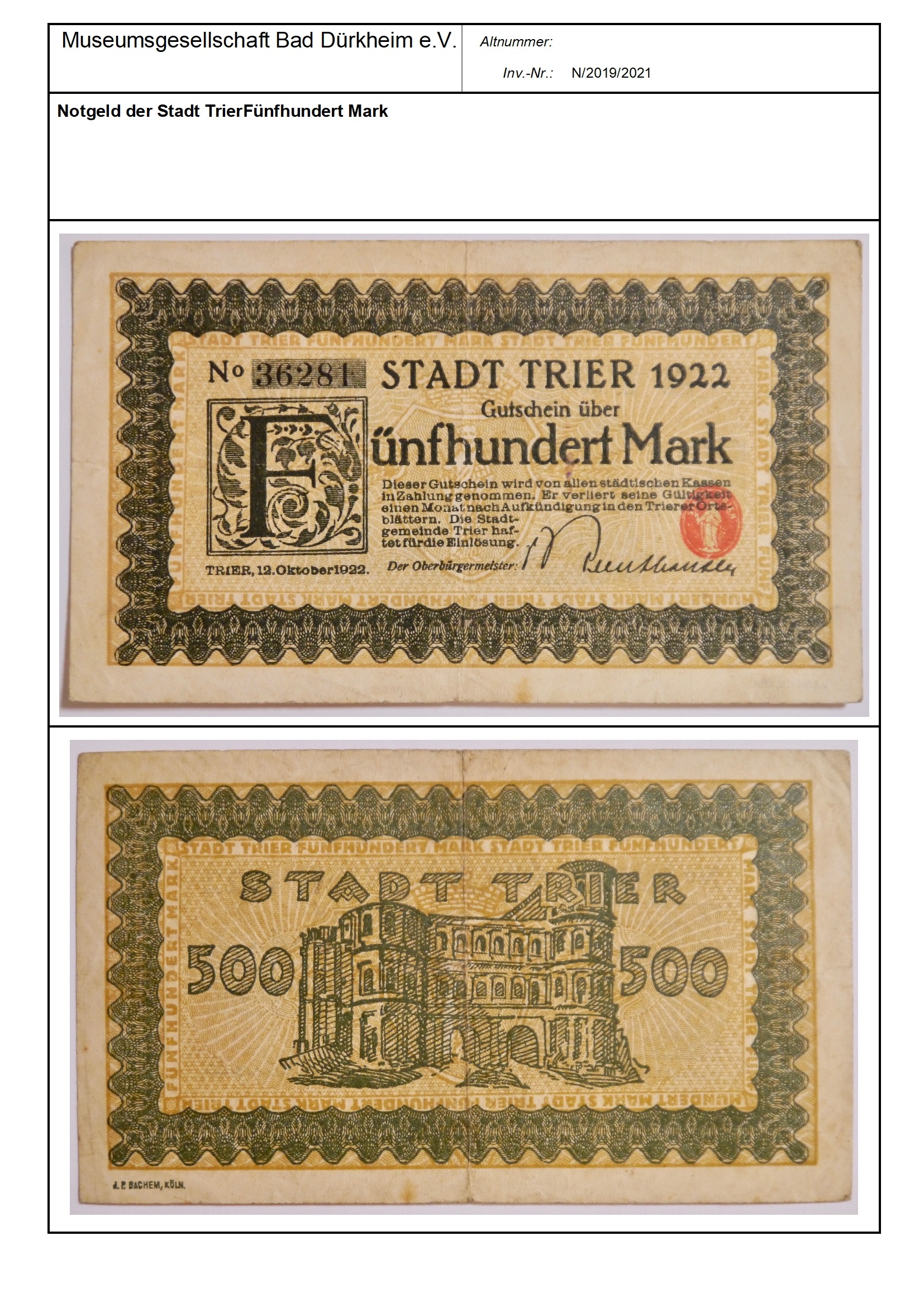 Notgeld der Stadt Trier Fünfhundert Mark
Serien-Nummer: No 36281 (Museumsgesellschaft Bad Dürkheim e.V. CC BY-NC-SA)