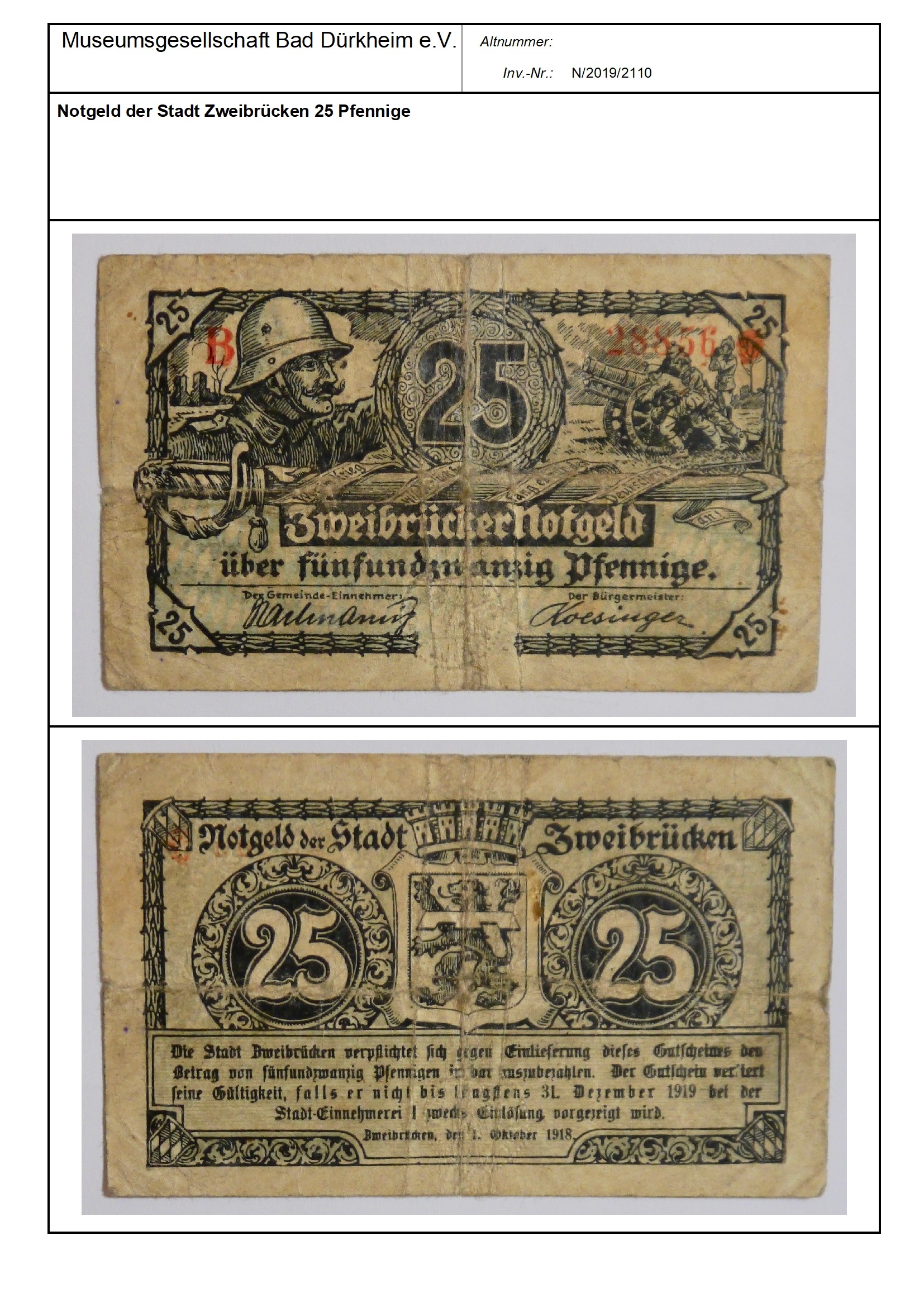 Notgeld der Stadt Zweibrücken 25 Pfennige
Serien-Nummer: B 28856 (Museumsgesellschaft Bad Dürkheim e.V. CC BY-NC-SA)