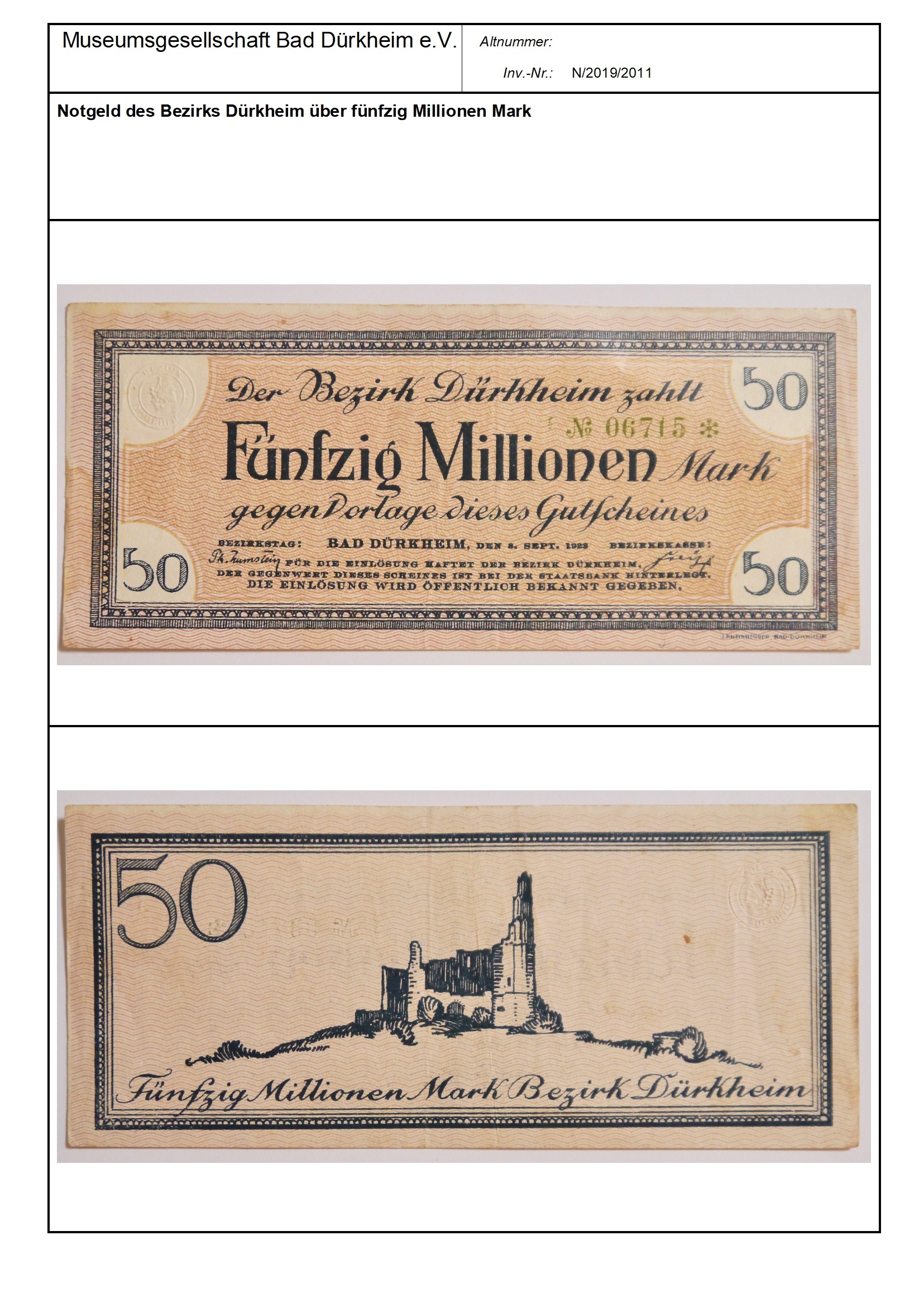 Notgeld des Bezirks Dürkheim über fünfzig Millionen Mark
Serien-Nummer: 06715 (Museumsgesellschaft Bad Dürkheim e.V. CC BY-NC-SA)