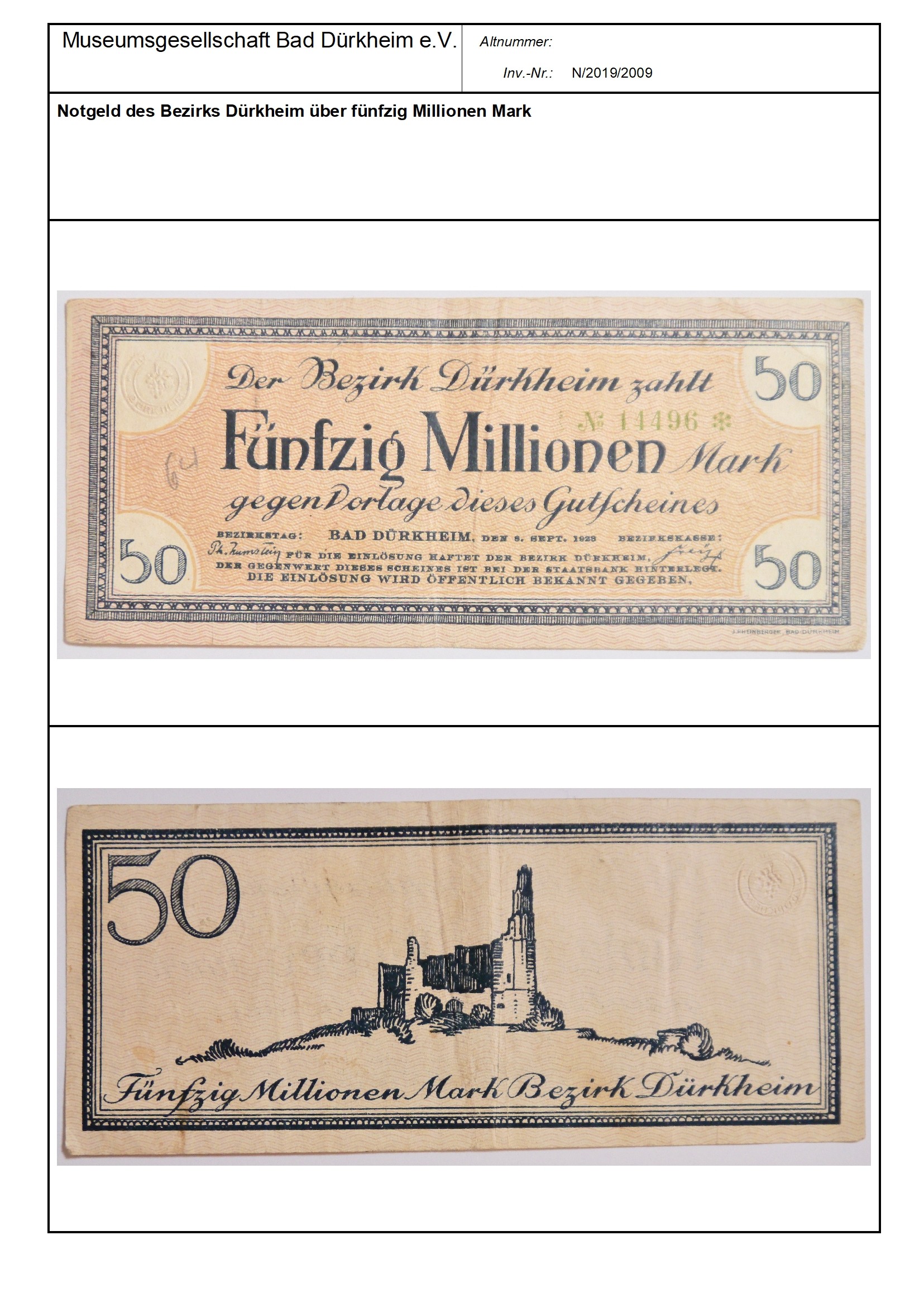 Notgeld des Bezirks Dürkheim über fünfzig Millionen Mark
Serien-Nummer: 14496 (Museumsgesellschaft Bad Dürkheim e.V. CC BY-NC-SA)