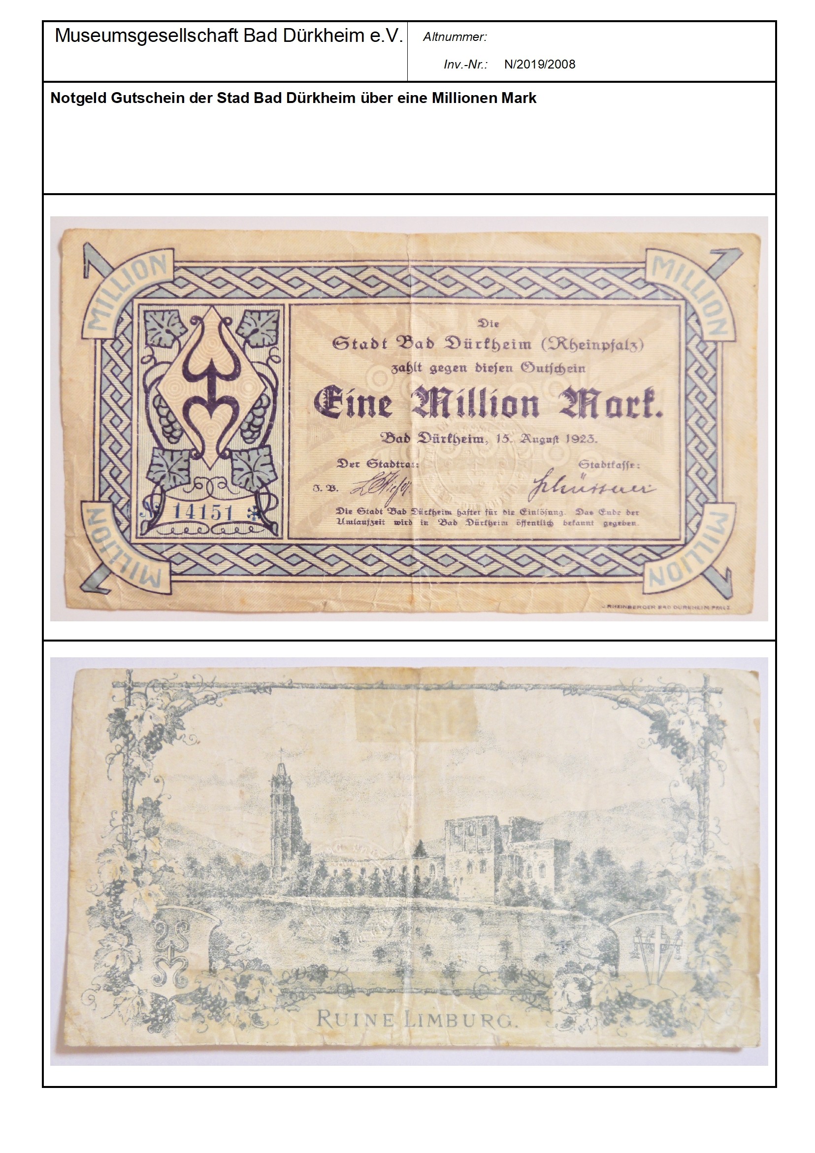 Notgeld Gutschein der Stad Bad Dürkheim über eine Millionen Mark
Serien-Nummer: 14151 (Museumsgesellschaft Bad Dürkheim e.V. CC BY-NC-SA)