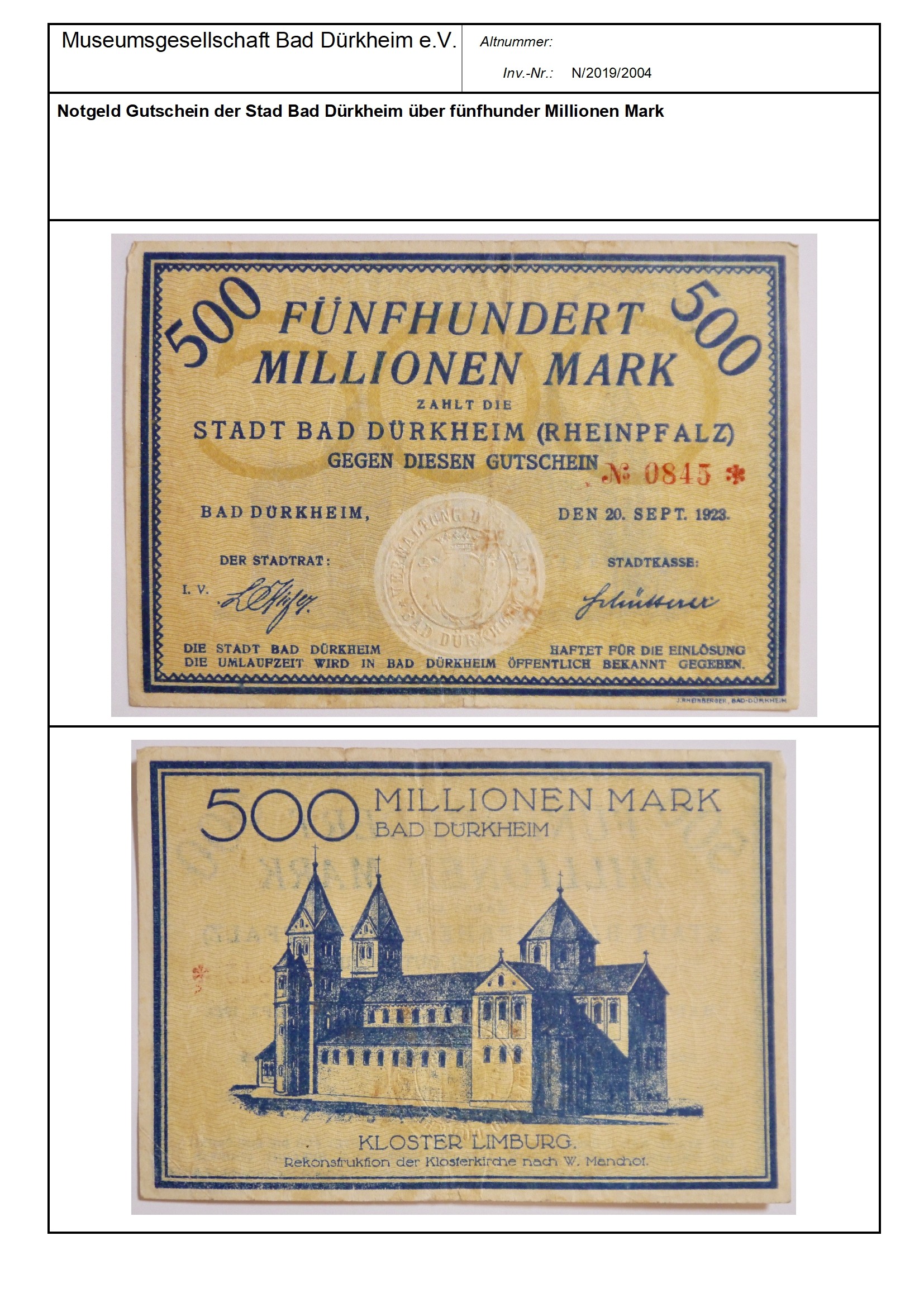 Notgeld Gutschein der Stad Bad Dürkheim über fünfhundert Millionen Mark
Serien-Nummer: No 0845* (Museumsgesellschaft Bad Dürkheim e.V. CC BY-NC-SA)