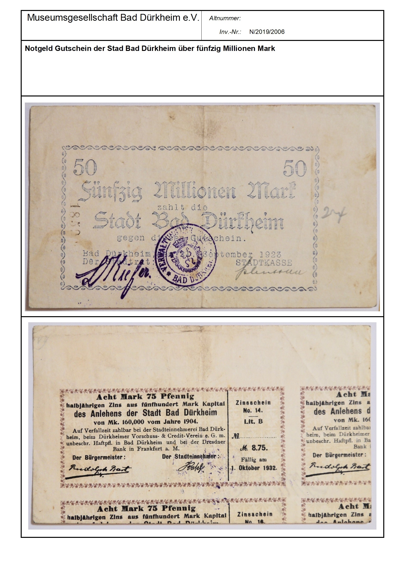 Notgeld Gutschein der Stad Bad Dürkheim über fünfzig Millionen Mark
Serien-Nummer: 1859 (Museumsgesellschaft Bad Dürkheim e.V. CC BY-NC-SA)