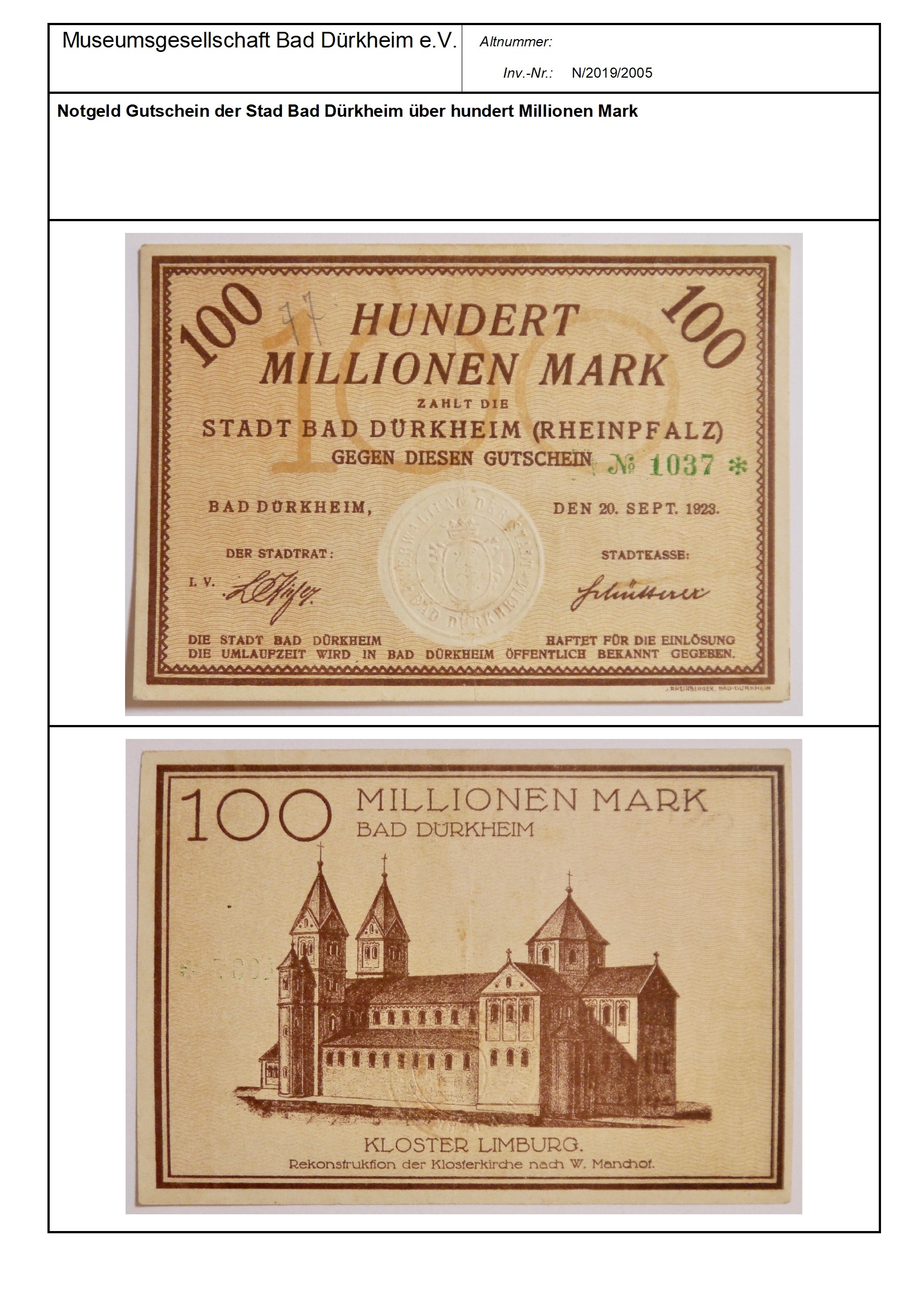 Notgeld Gutschein der Stad Bad Dürkheim über hundert Millionen Mark
Serien-Nummer: (Museumsgesellschaft Bad Dürkheim e.V. CC BY-NC-SA)