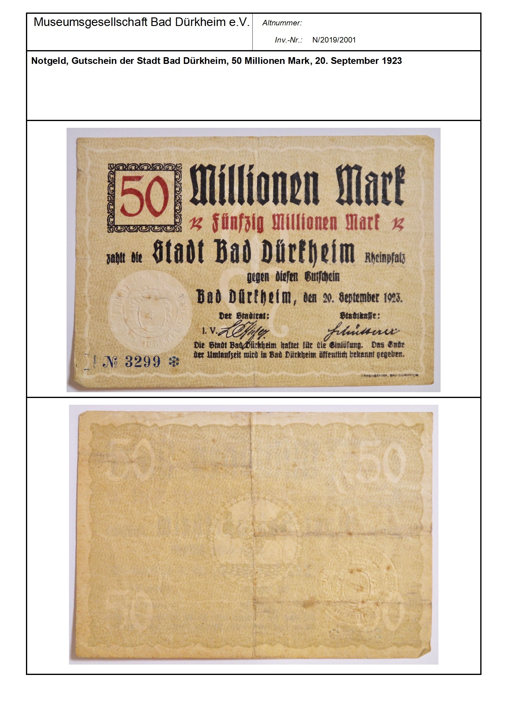 Notgeld, Gutschein der Stadt Bad Dürkheim, 50 Millionen Mark, 20. September 1923
Serien-Nummer: No. 3299 (Museumsgesellschaft Bad Dürkheim e.V. CC BY-NC-SA)