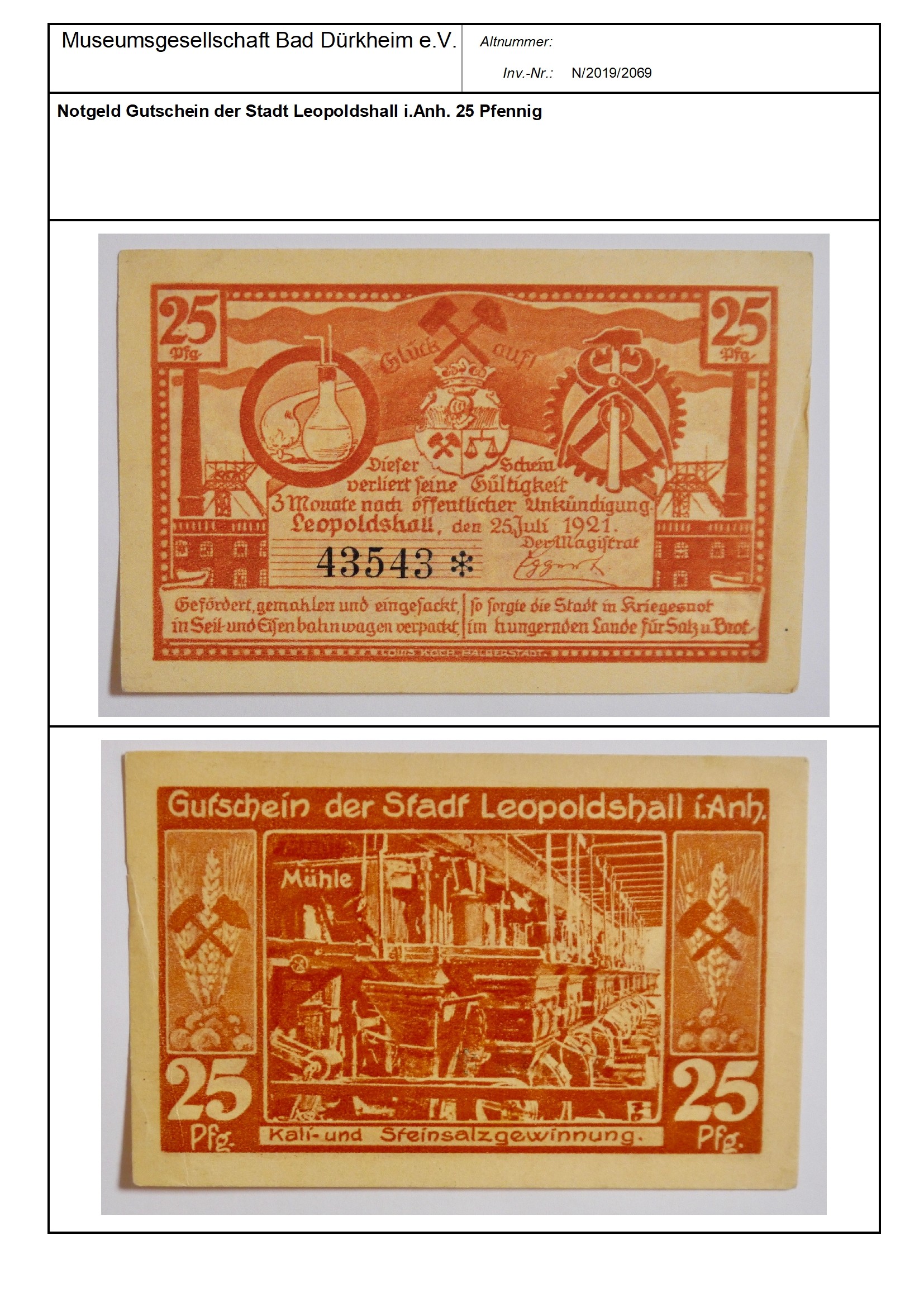 Notgeld Gutschein der Stadt Leopoldshall i.Anh. 25 Pfennig
Serien-Nummer: 43543 * (Museumsgesellschaft Bad Dürkheim e.V. CC BY-NC-SA)