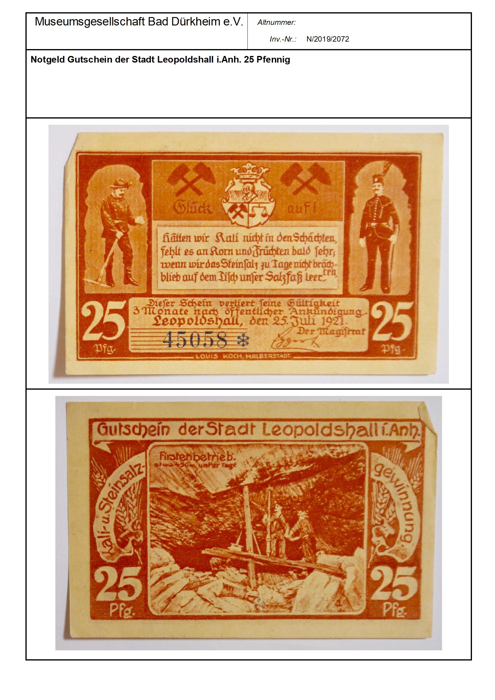 Notgeld Gutschein der Stadt Leopoldshall i.Anh. 25 Pfennig
Serien-Nummer: 45058 * (Museumsgesellschaft Bad Dürkheim e.V. CC BY-NC-SA)