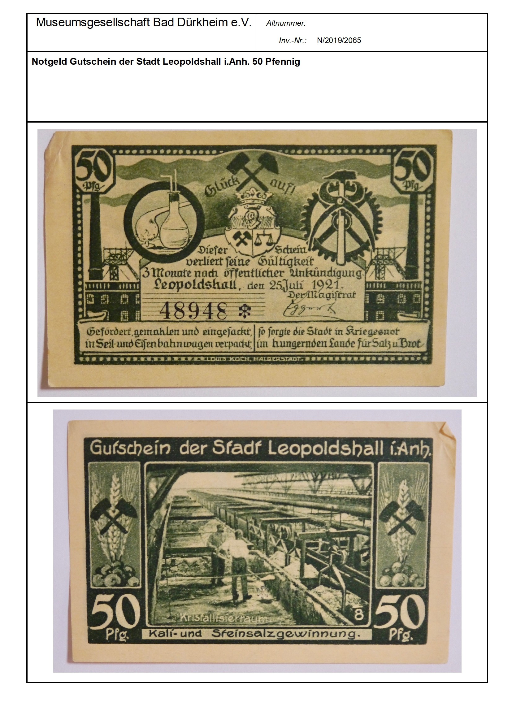 Notgeld Gutschein der Stadt Leopoldshall i.Anh. 50 Pfennig
Serien-Nummer: 48948* (Museumsgesellschaft Bad Dürkheim e.V. CC BY-NC-SA)