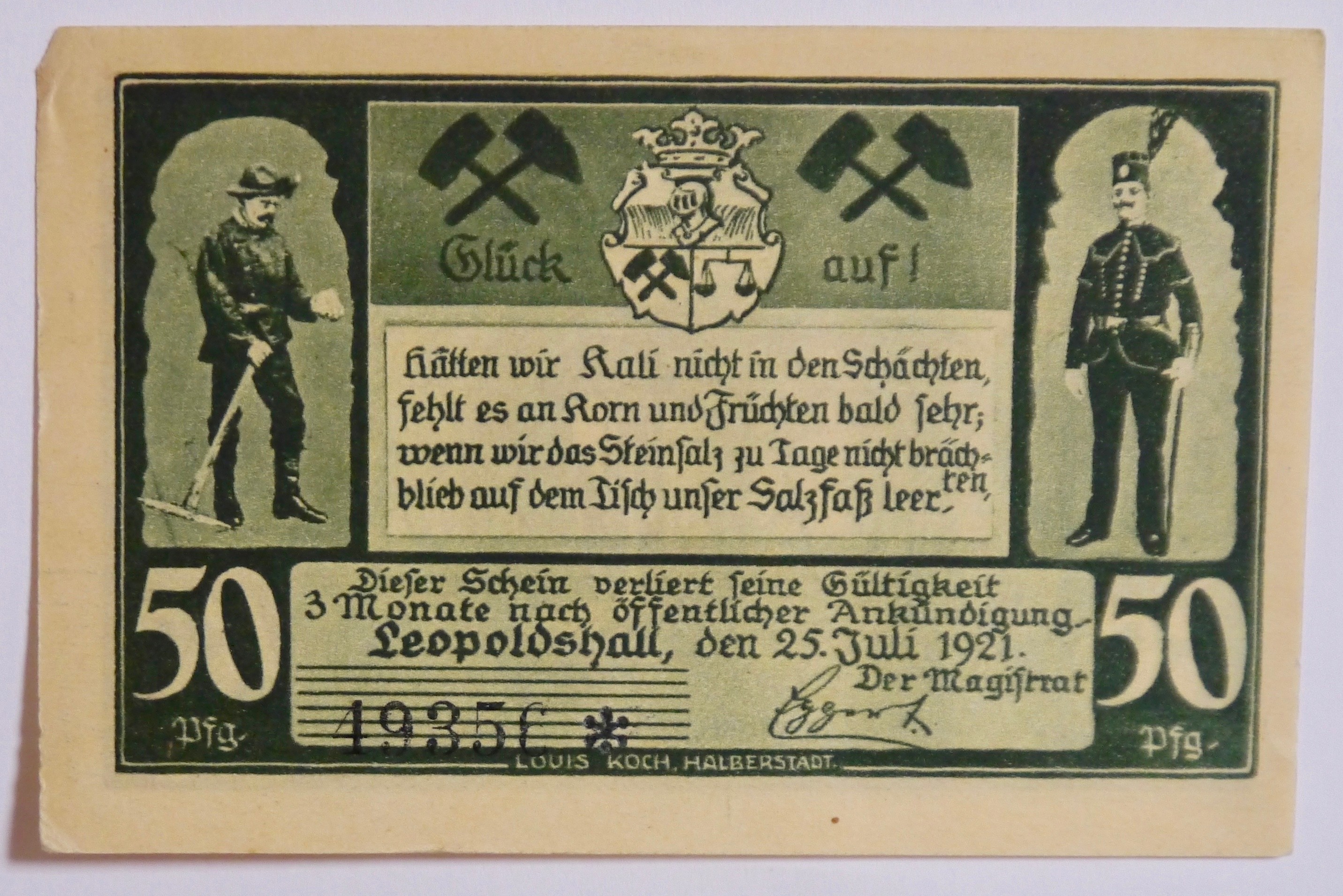 Notgeld Gutschein der Stadt Leopoldshall i.Anh. 50 Pfennig
Serien-Nummer: 49356 * (Museumsgesellschaft Bad Dürkheim e.V. CC BY-NC-SA)