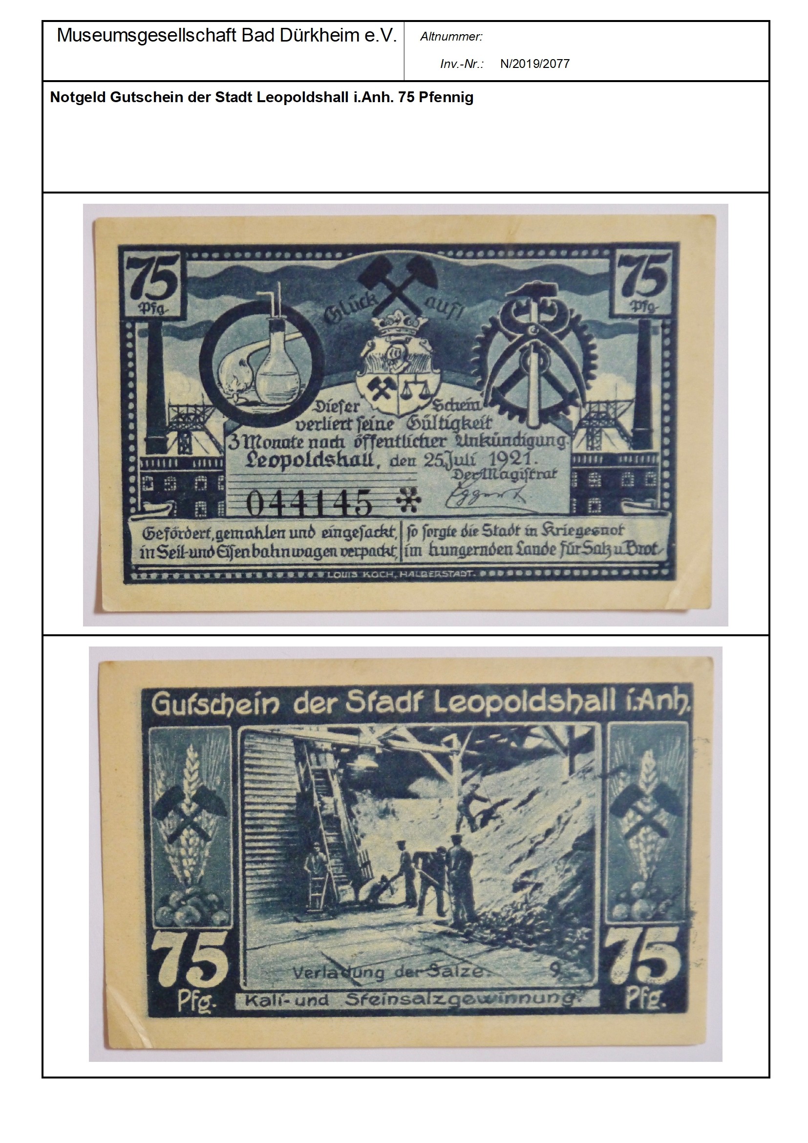 Notgeld Gutschein der Stadt Leopoldshall i.Anh. 75 PfennigSerien-Nummer: 044145 * (Museumsgesellschaft Bad Dürkheim e.V. CC BY-NC-SA)