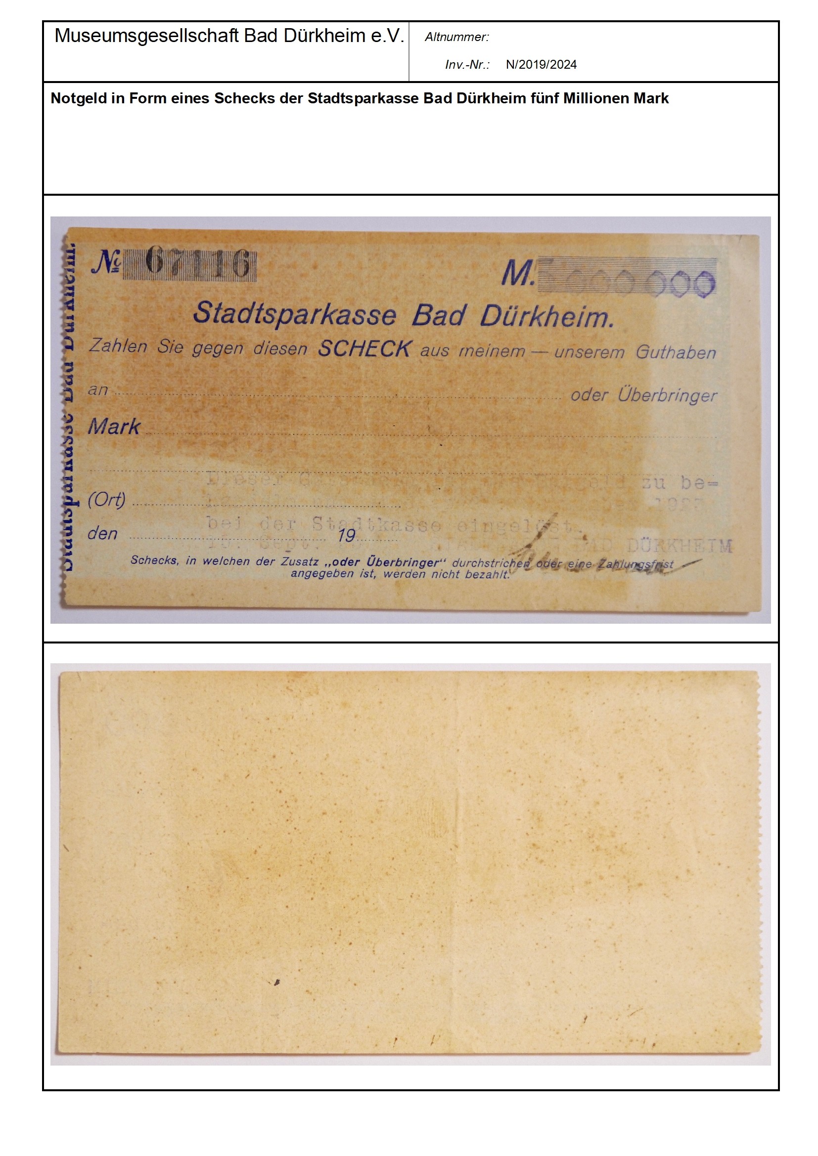 Notgeld in Form eines Schecks der Stadtsparkasse Bad Dürkheim fünf Millionen Mark
Serien-Nummer: No 67116 (Museumsgesellschaft Bad Dürkheim e.V. CC BY-NC-SA)