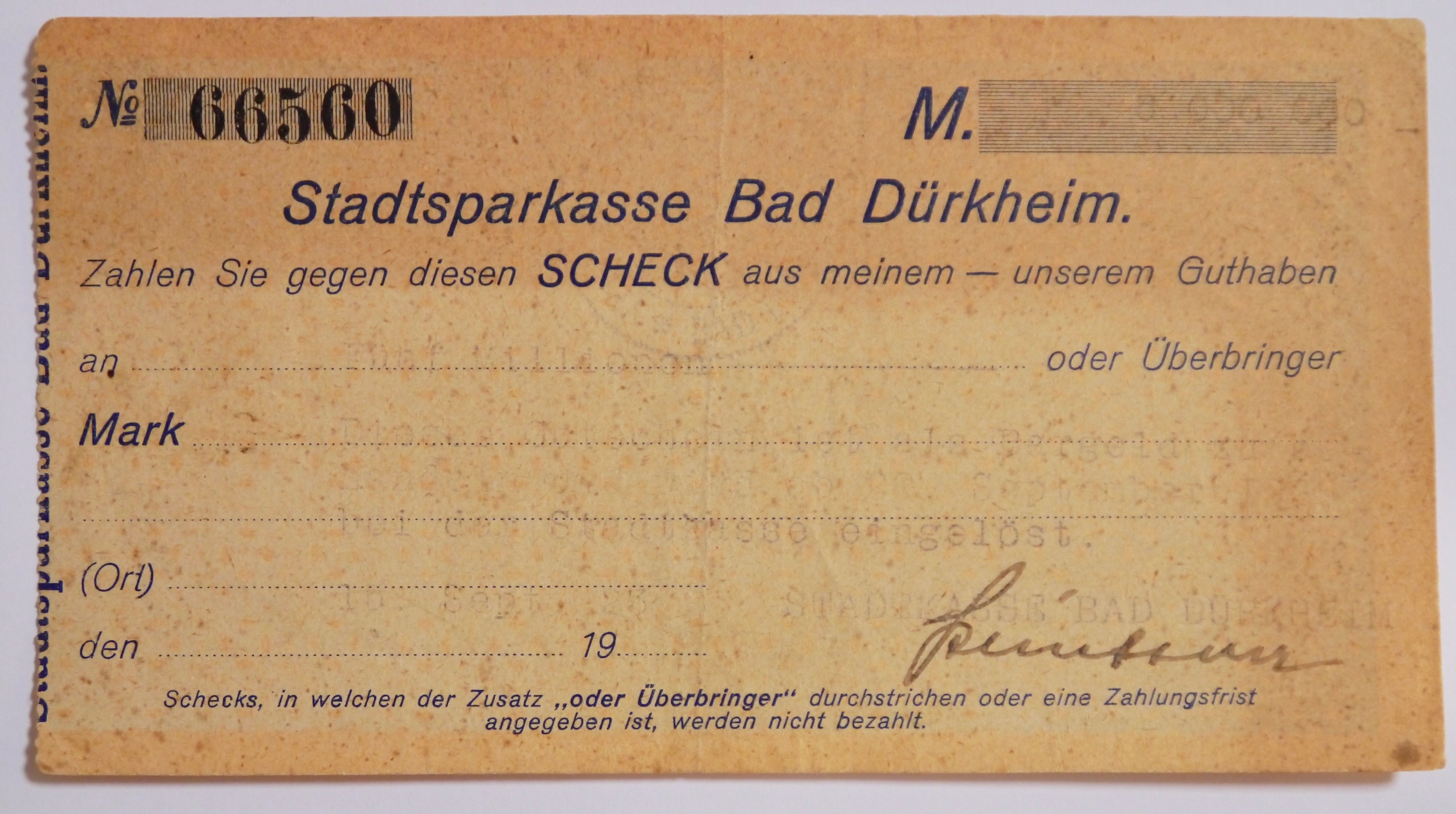 Notgeld in Form eines Schecks der Stadtsparkasse Bad Dürkheim fünf Millionen Mark
Serien-Nummer: No 66560 (Museumsgesellschaft Bad Dürkheim e.V. CC BY-NC-SA)