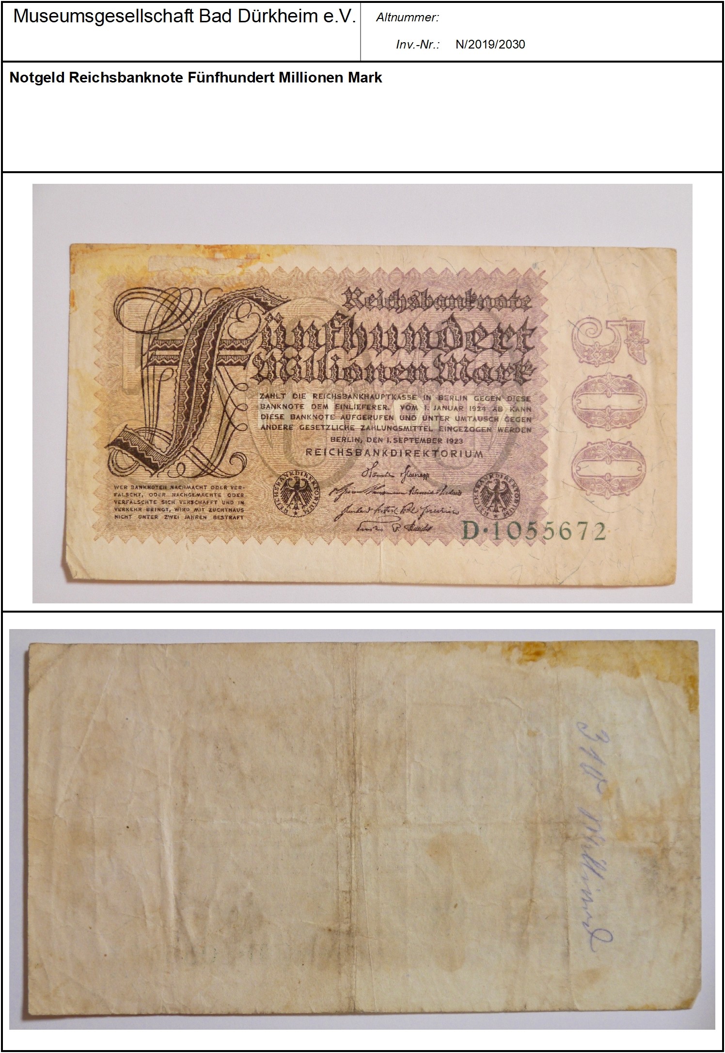 Notgeld Reichsbanknote Fünfhundert Millionen Mark
Serien-Nummer: D*1055672 (Museumsgesellschaft Bad Dürkheim e.V. CC BY-NC-SA)