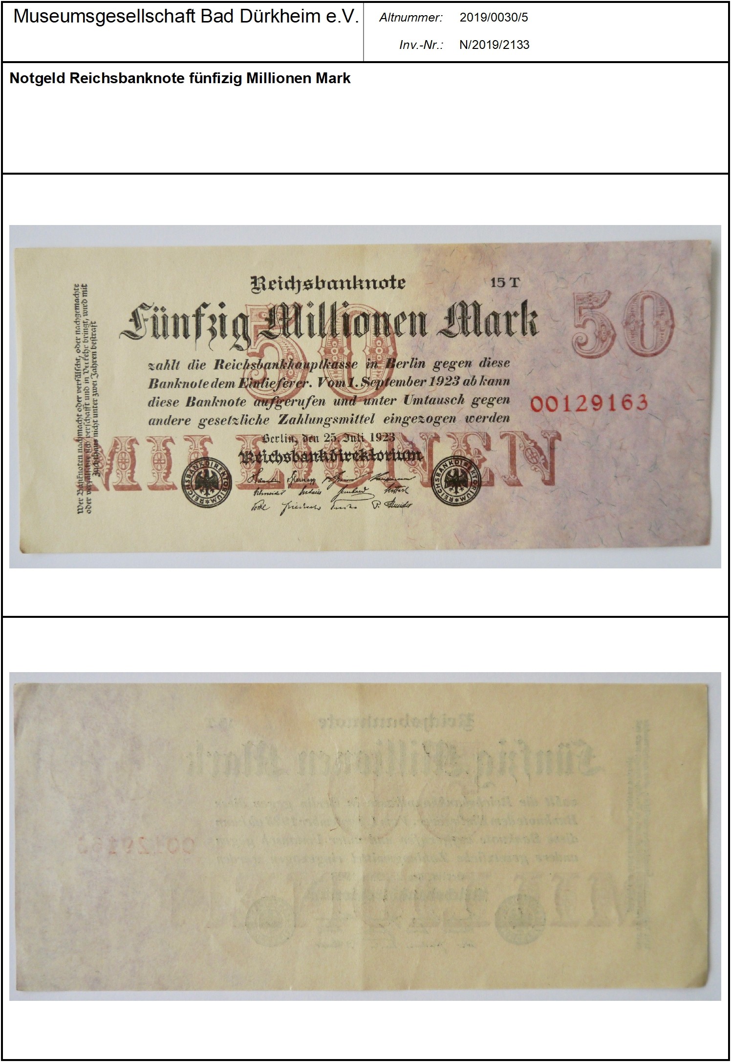 Notgeld Reichsbanknote fünfizig Millionen Mark
Serien-Nummer: 00129163 (Museumsgesellschaft Bad Dürkheim e.V. CC BY-NC-SA)