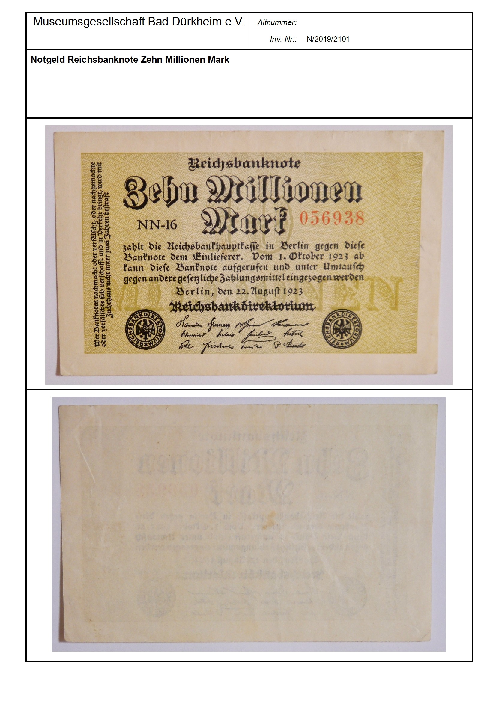 Notgeld Reichsbanknote Zehn Millionen Mark
Serien-Nummer: NN-16 056938 (Museumsgesellschaft Bad Dürkheim e.V. CC BY-NC-SA)
