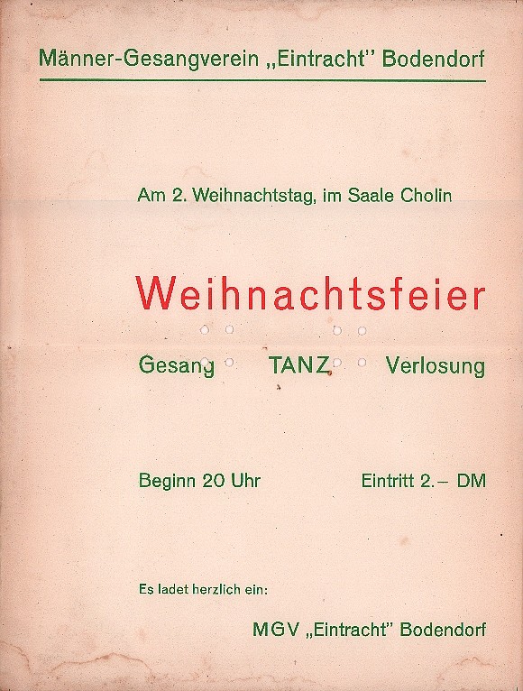 Plakat Einladung zur Weihnachtsfeier des MGV "Eintacht" Bodendorf (Heimatmuseum und -Archiv Bad Bodendorf CC BY-NC-SA)