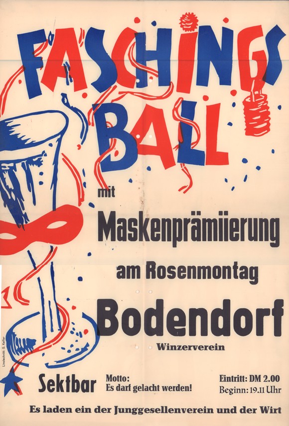 Plakat Faschingsball mit Maskenprämierung im Winzerverein (Heimatmuseum und -Archiv Bad Bodendorf CC BY-NC-SA)