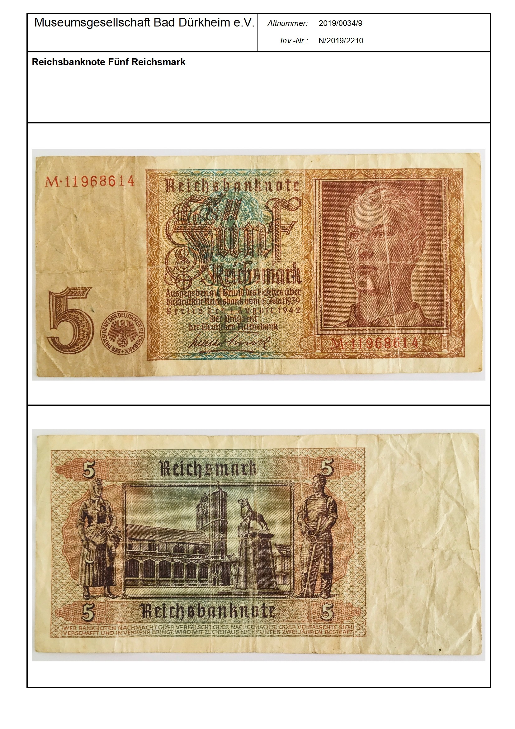 Reichsbanknote Fünf Reichsmark
Serien-Nummer: M*11968614 (Museumsgesellschaft Bad Dürkheim e.V. CC BY-NC-SA)