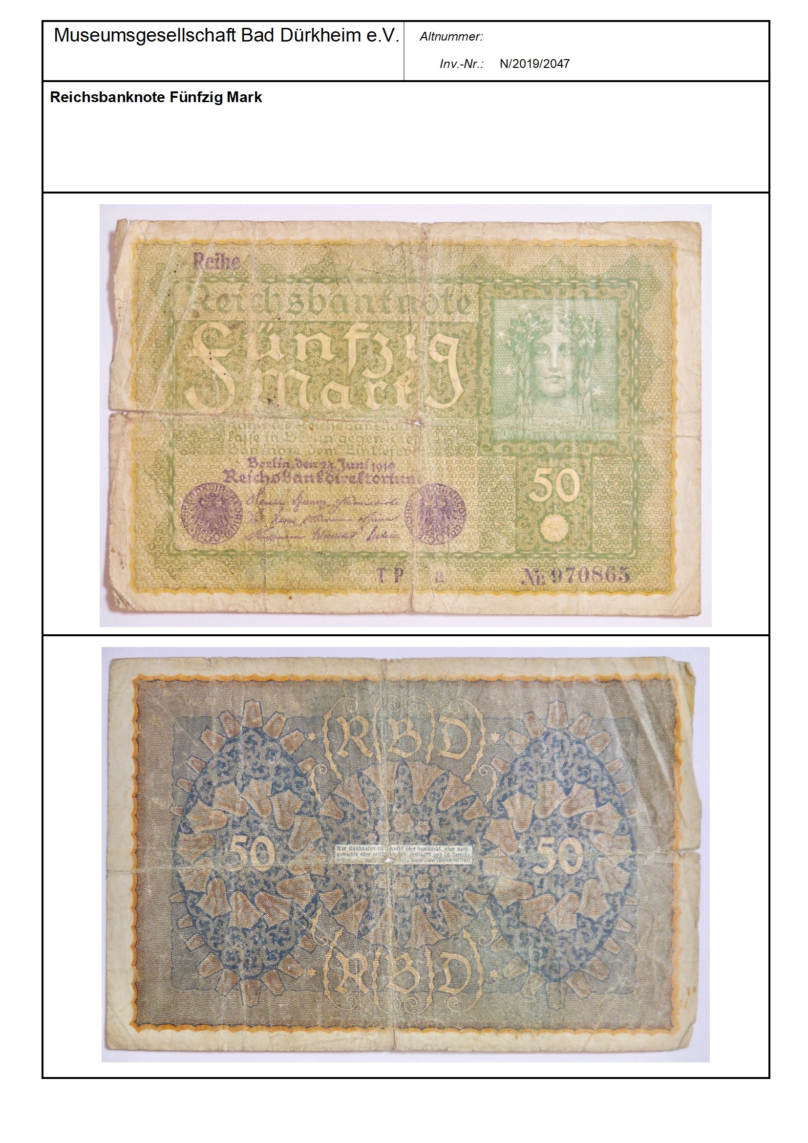 Reichsbanknote Fünfzig Mark
Serien-Nummer: TP Nr. 970865 (Museumsgesellschaft Bad Dürkheim e.V. CC BY-NC-SA)