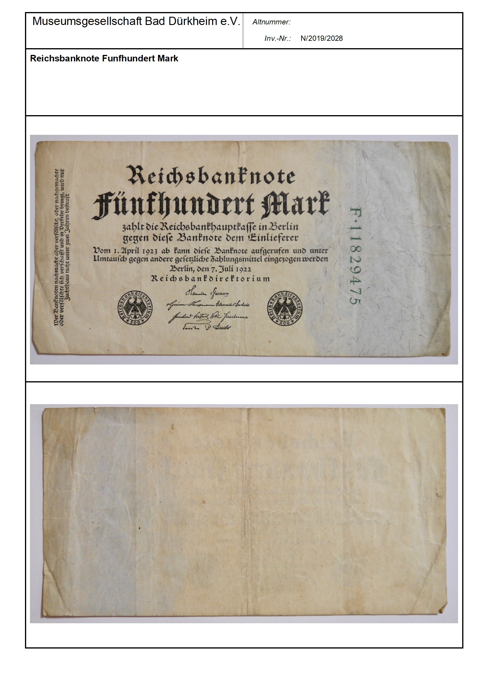 Reichsbanknote Funfhundert Mark
Serien-Nummer: F*11829475 (Museumsgesellschaft Bad Dürkheim e.V. CC BY-NC-SA)