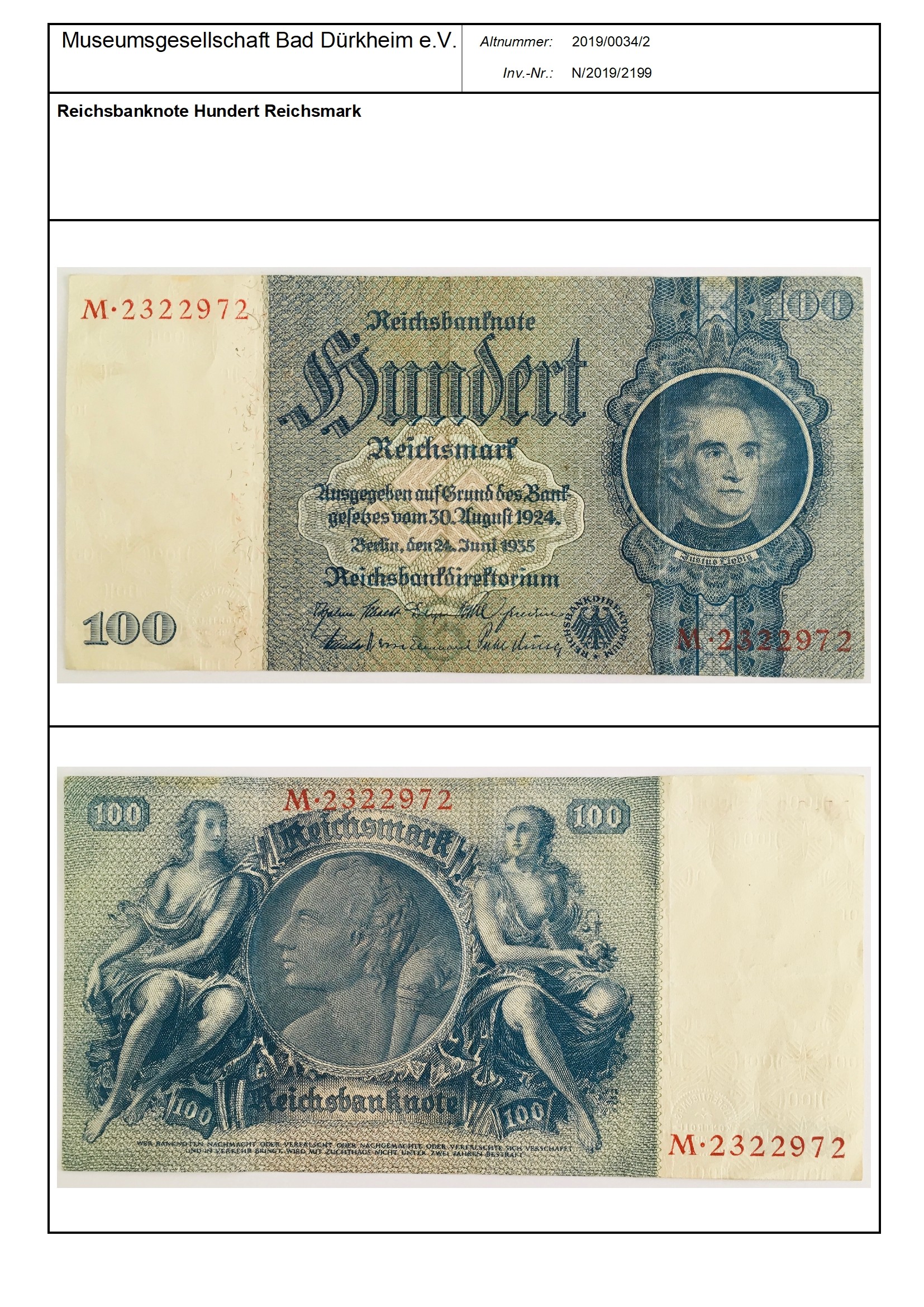 Reichsbanknote Hundert Reichsmark
Serien-Nummer: M*2322972 (Museumsgesellschaft Bad Dürkheim e.V. CC BY-NC-SA)