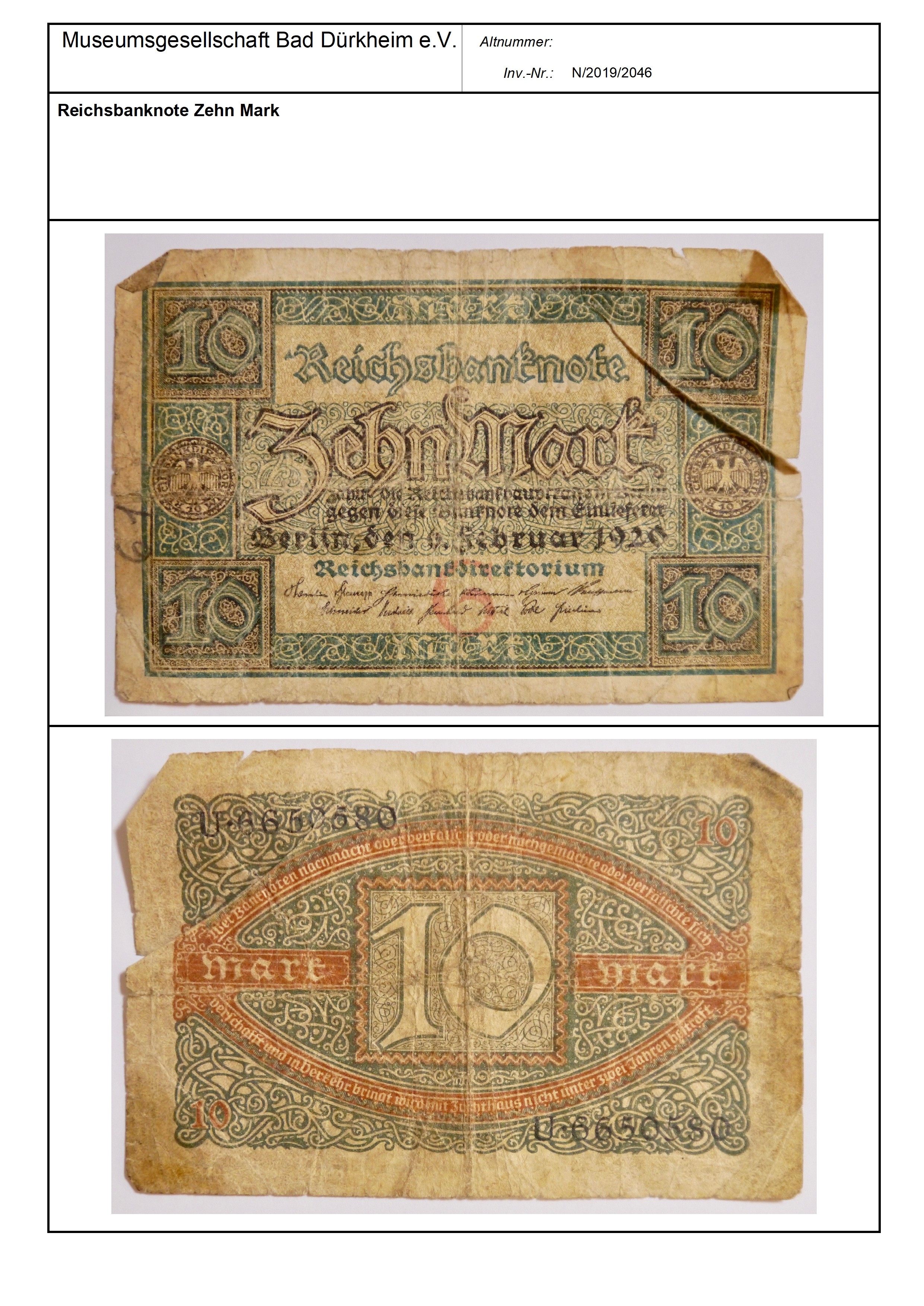 Reichsbanknote Zehn Mark
Serien-Nummer: U*6650580 (Museumsgesellschaft Bad Dürkheim e.V. CC BY-NC-SA)