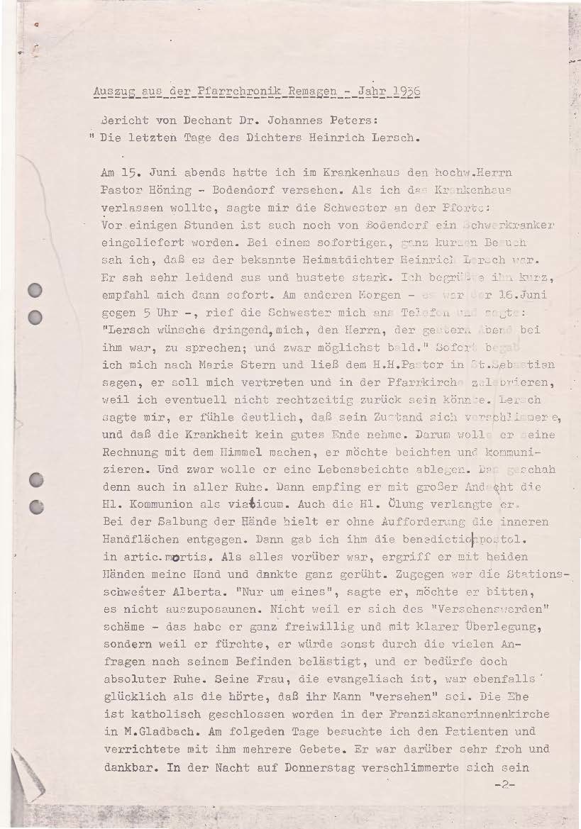 Schreibmaschinen geschriebener Auszug aus der Pfarrchrinik Remagen über die letzten Lebenstage von Heinrich Lersch (Heimatmuseum und -Archiv Bad Bodendorf CC BY-NC-SA)