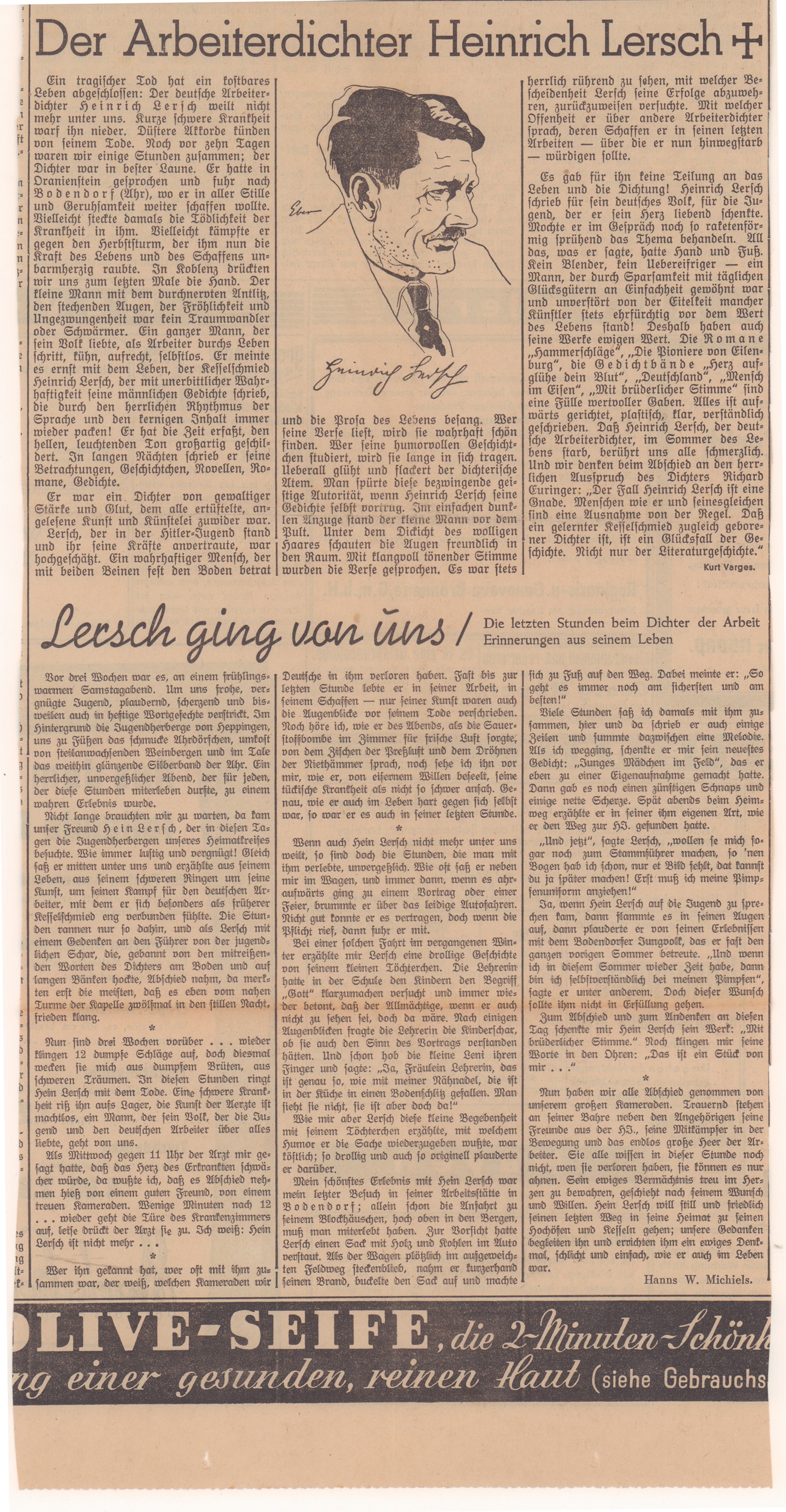 Zwei Artikel aus dem Nationalblatt zum Tod von Heinrich Lersch (Heimatmuseum und -Archiv Bad Bodendorf CC BY-NC-SA)