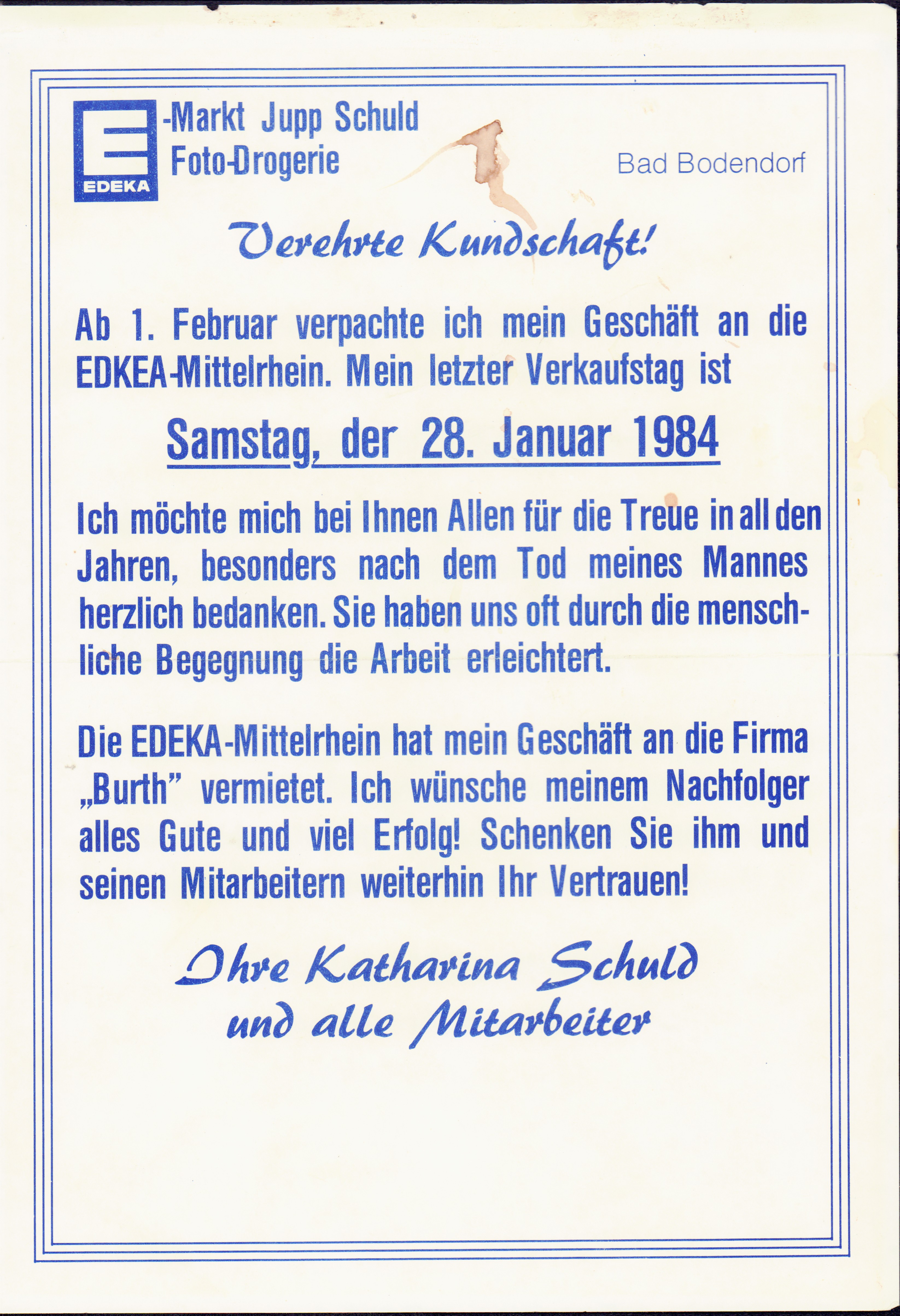 Anzeige der Geschäftsübergabe Jupp Schuld an EDEKA (Heimatmuseum und -Archiv Bad Bodendorf CC BY-NC-SA)