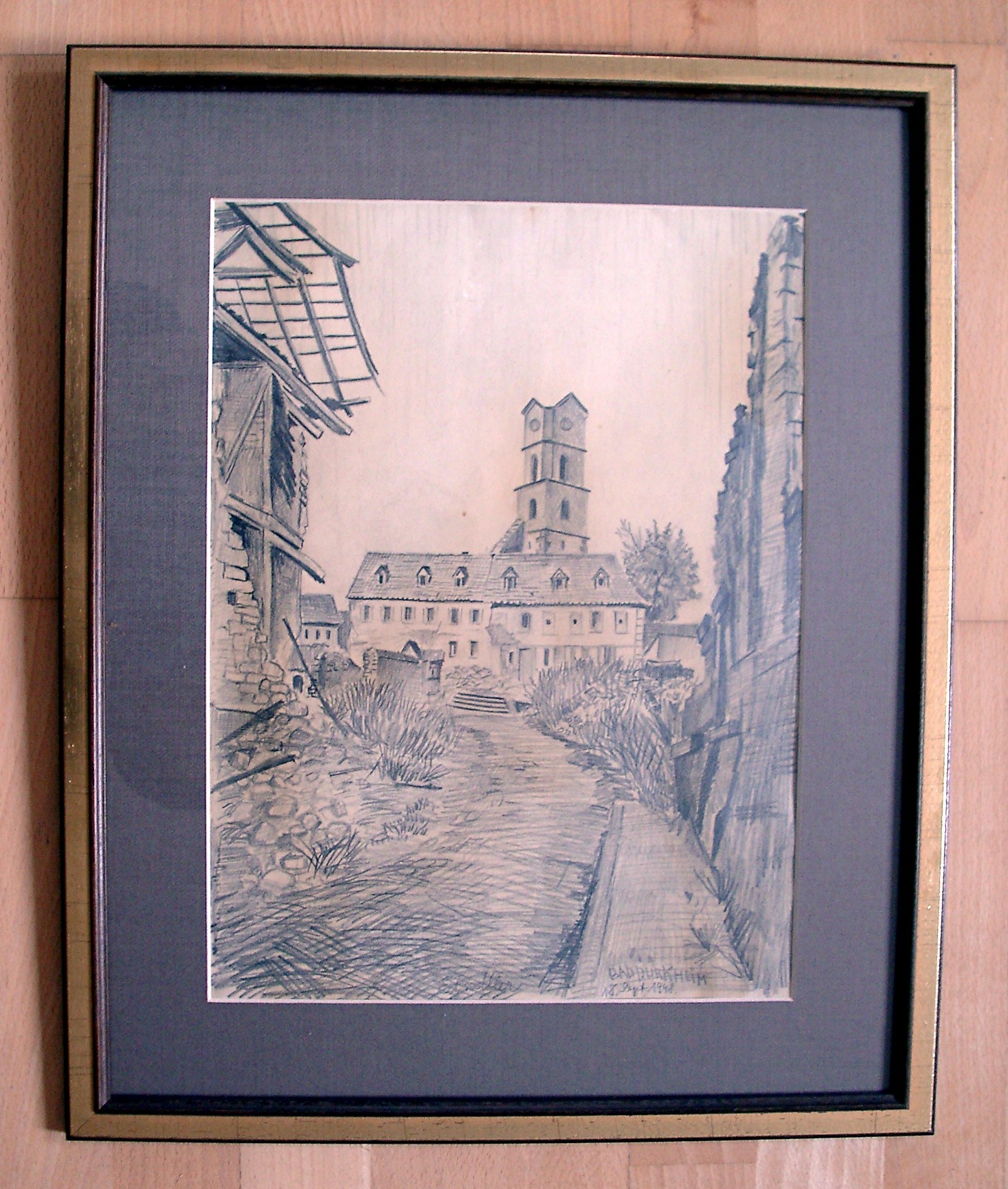 Bild; Bleistiftzeichnung: "Burgkirche nach der Zerstörung"; Ed. Müller, 1948 (Stadtmuseum Bad Dürkheim, Museumsgesellschaft Bad Dürkheim e.V. CC BY-NC-SA)