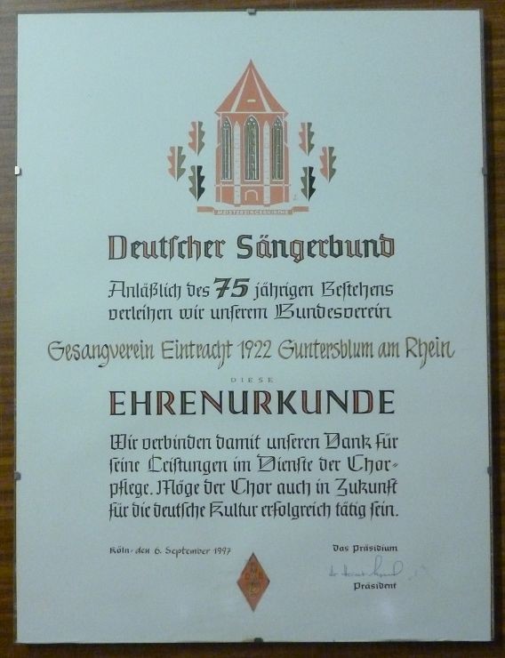 Ehrenurkunde für Gesangverein Eintracht Guntersblum (Museum Guntersblum CC BY-NC-SA)