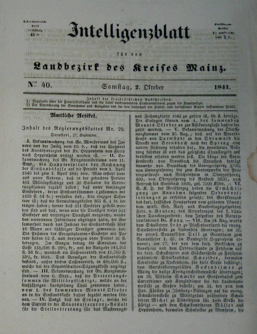 Intelligenzblatt für den Landbezirk des Kreises Mainz Nr. 40/1841 (Museum Guntersblum CC BY-NC-SA)