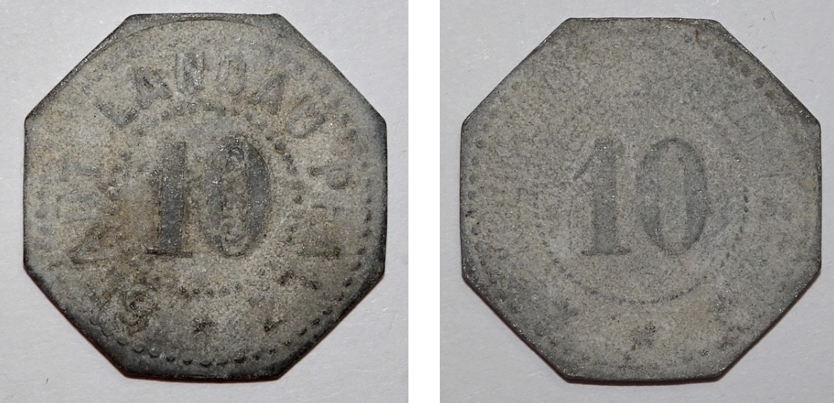 Kleingeldersatzmarke 10 Pfennig der Stadt Landau (Museumsgesellschaft Bad Dürkheim e.V. CC BY-NC-SA)