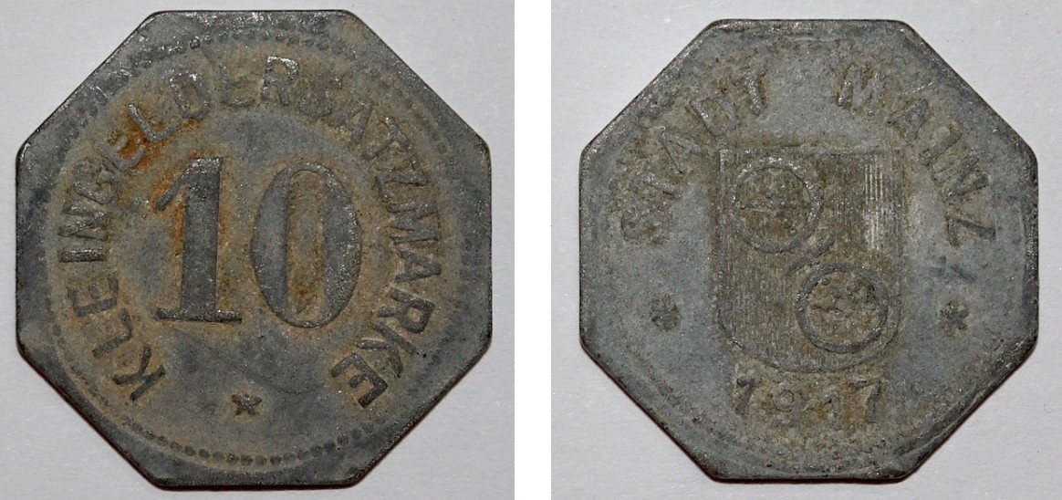 Kleingeldersatzmarke 10 Pfennig der Stadt Mainz (Museumsgesellschaft Bad Dürkheim e.V. CC BY-NC-SA)