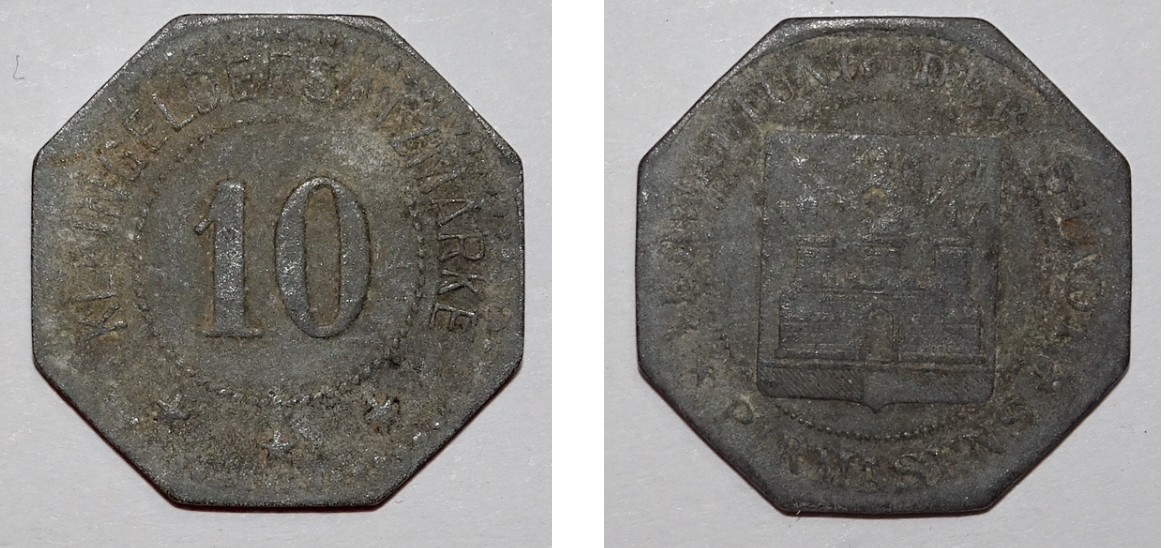 Kleingeldersatzmarke 10 Pfennig der Stadt Pirmasens (Museumsgesellschaft Bad Dürkheim e.V. CC BY-NC-SA)