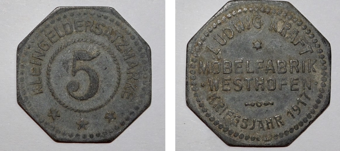 Kleingeldersatzmarke 5 Pfennig der Möbelfabrik Westhofen (Museumsgesellschaft Bad Dürkheim e.V. CC BY-NC-SA)
