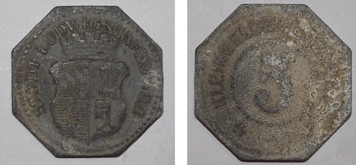 Kleingeldersatzmarke 5 Pfennig der Stadt Ludwigshafe (Museumsgesellschaft Bad Dürkheim e.V. CC BY-NC-SA)